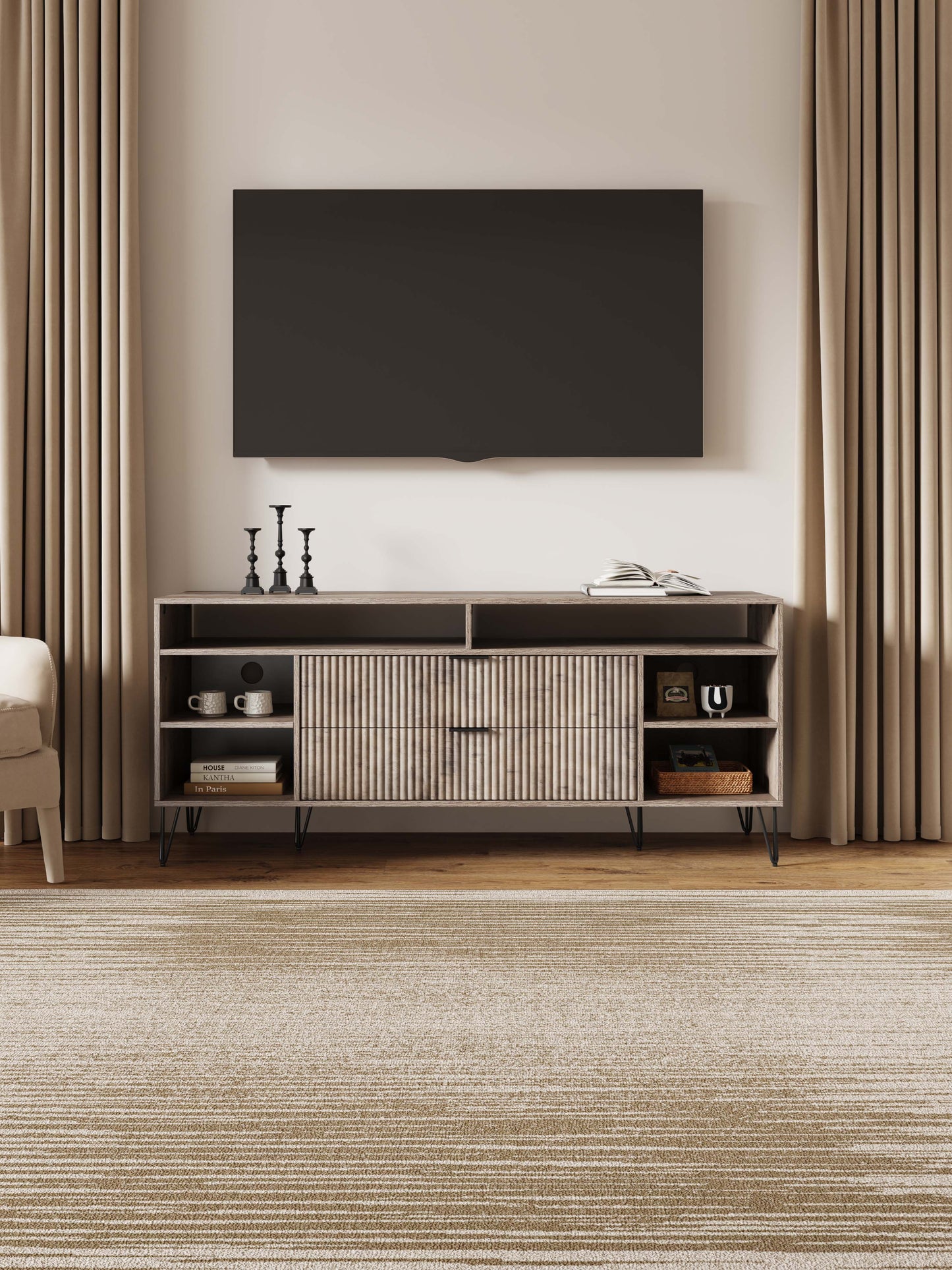 Manhattan Comfort DUMBO 63" Rustic Gray Mid-Century Modern TV Stand With 6 Shelves & 2 Drawers