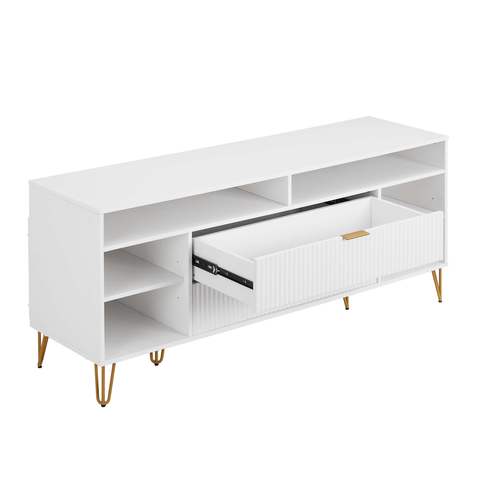 Manhattan Comfort DUMBO 63" White Mid-Century Modern TV Stand With 6 Shelves & 2 Drawers