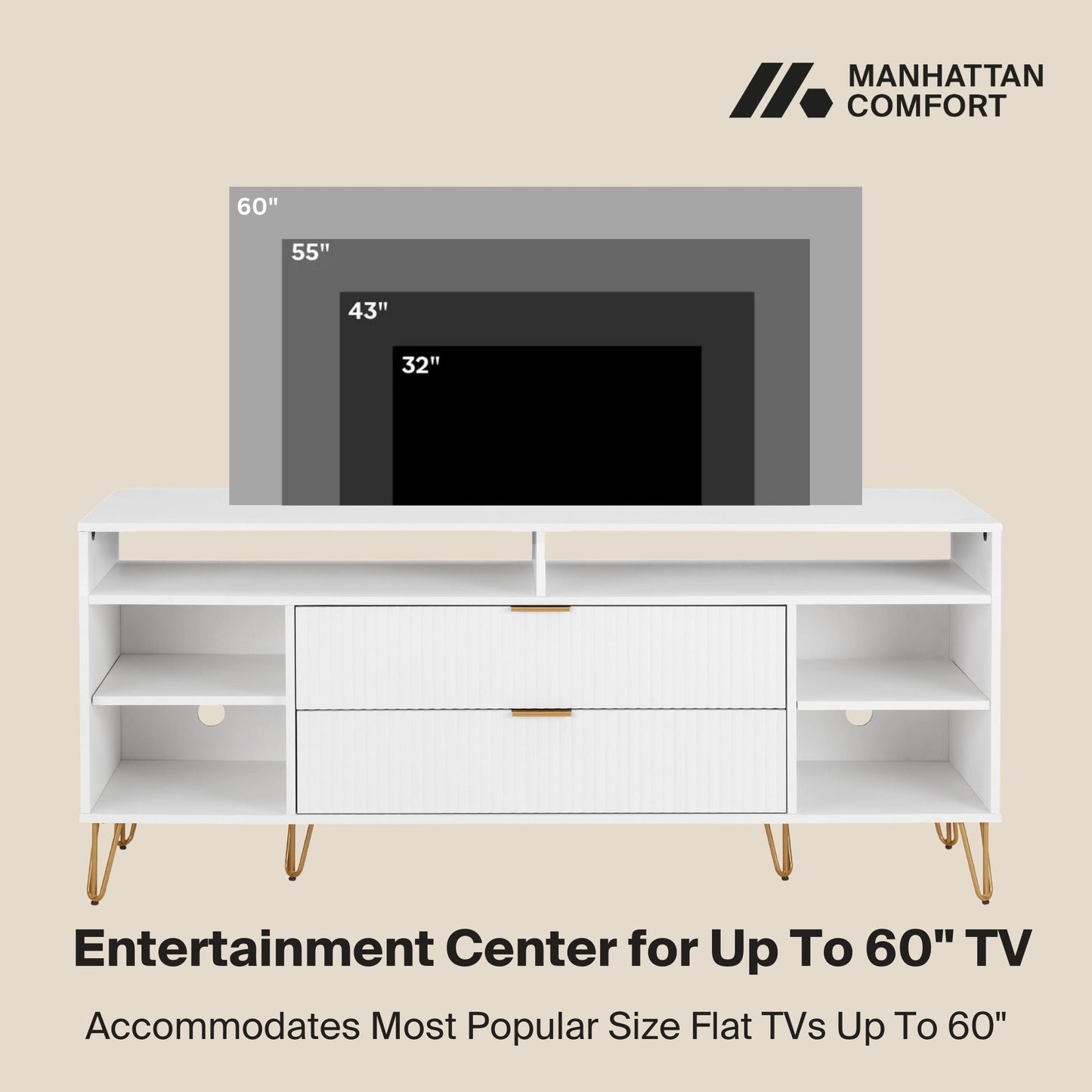 Manhattan Comfort DUMBO 63" White Mid-Century Modern TV Stand With 6 Shelves & 2 Drawers