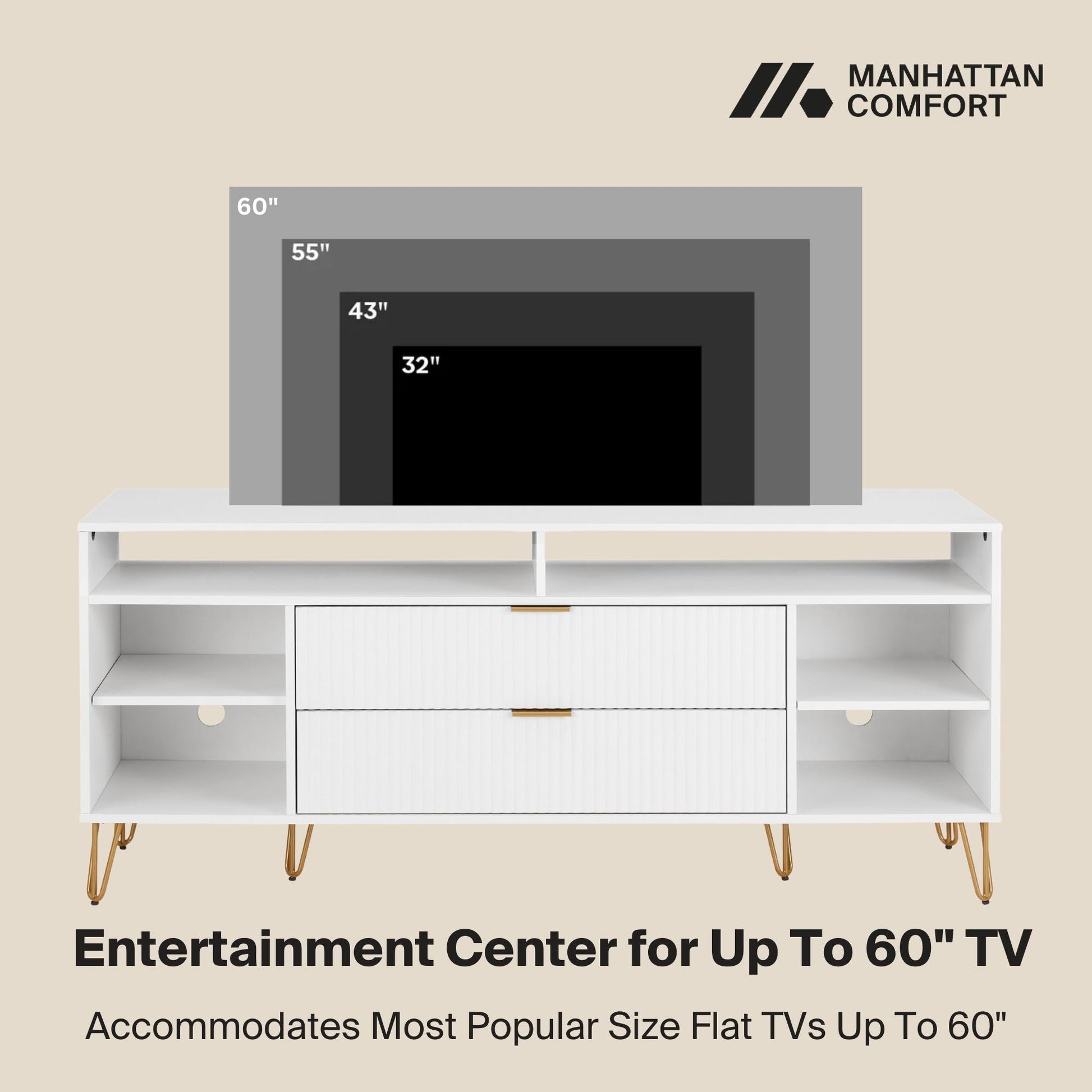 Manhattan Comfort DUMBO 63" White Mid-Century Modern TV Stand With 6 Shelves & 2 Drawers