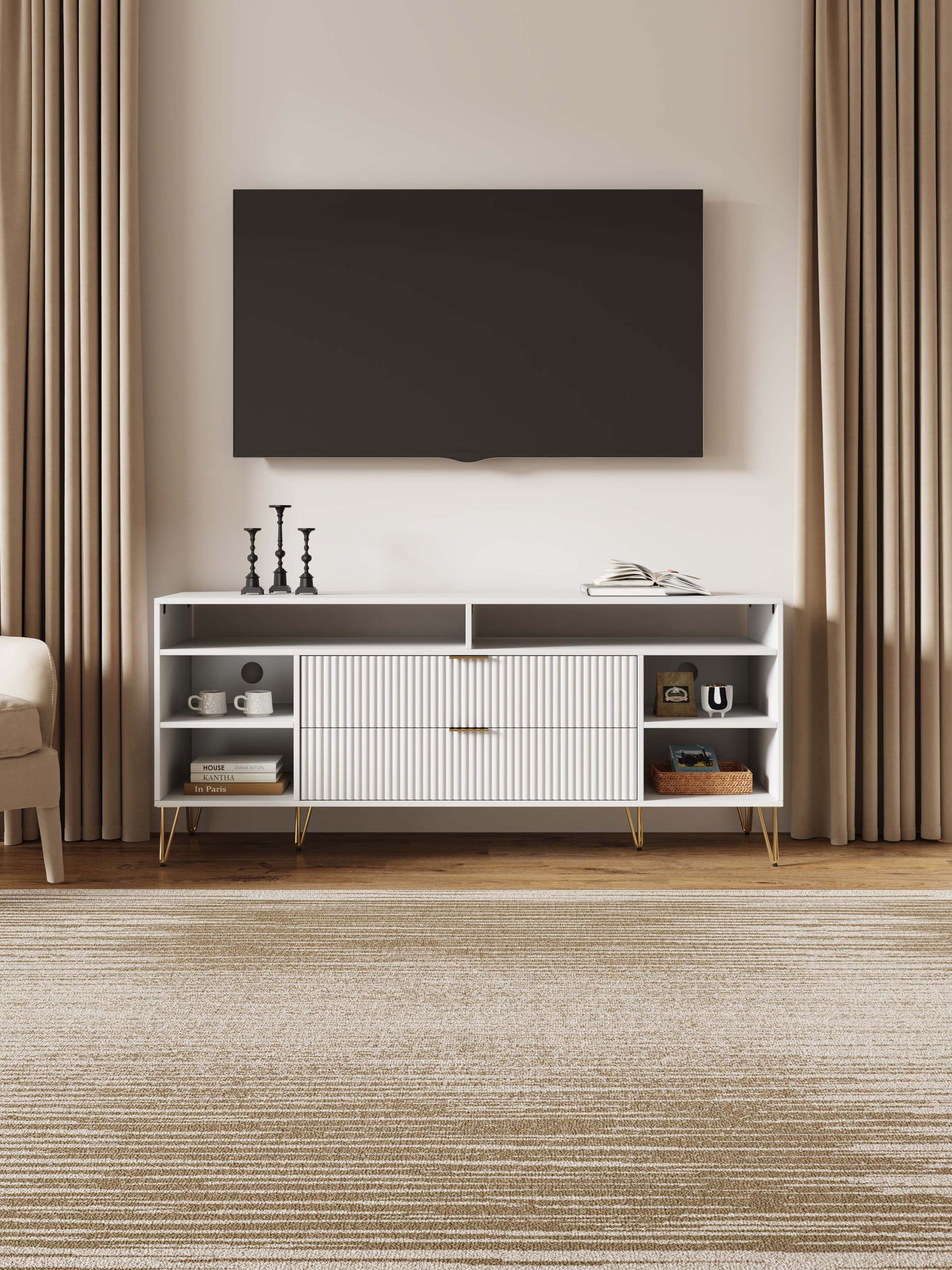 Manhattan Comfort DUMBO 63" White Mid-Century Modern TV Stand With 6 Shelves & 2 Drawers