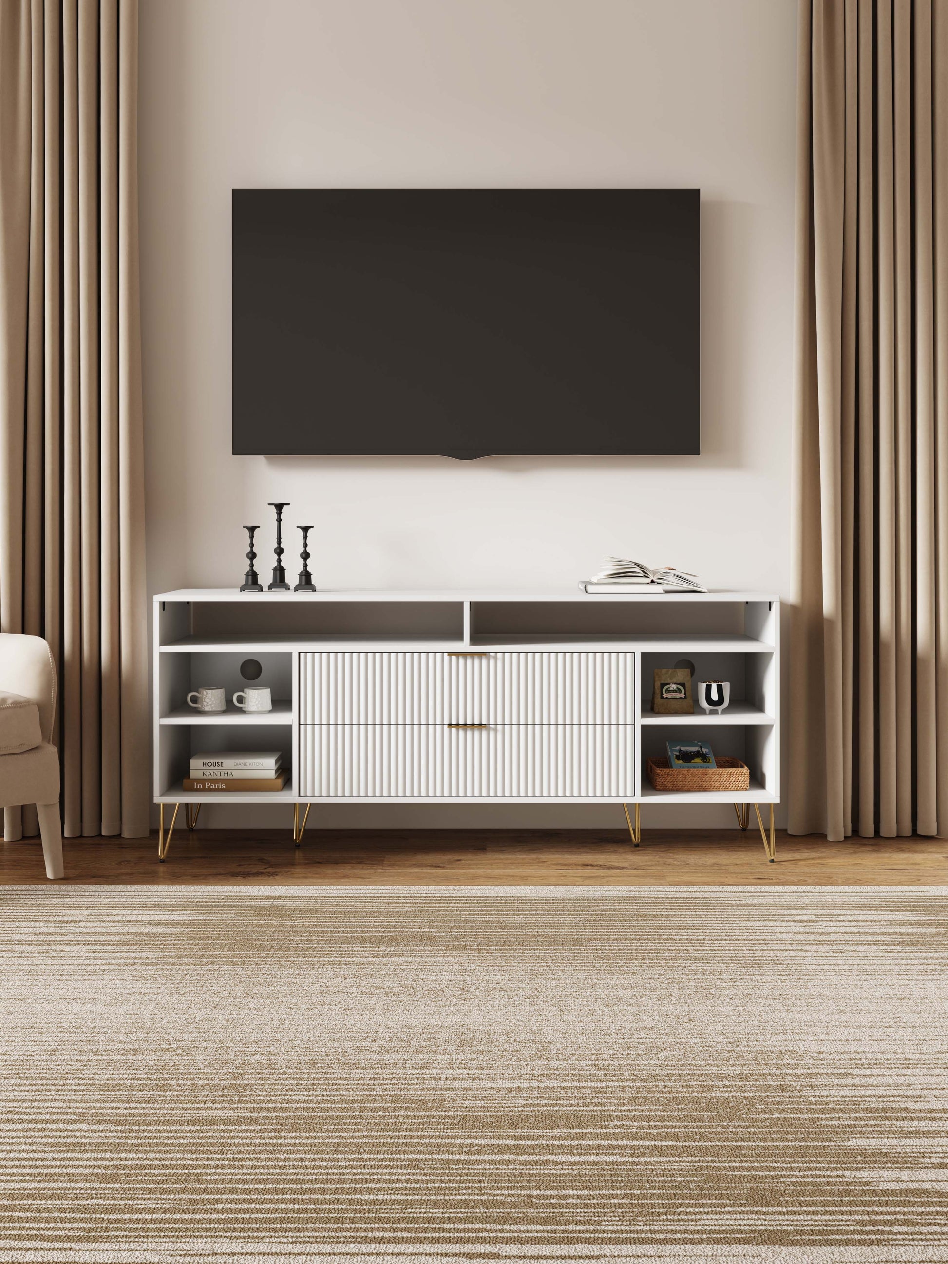 Manhattan Comfort DUMBO 63" White Mid-Century Modern TV Stand With 6 Shelves & 2 Drawers