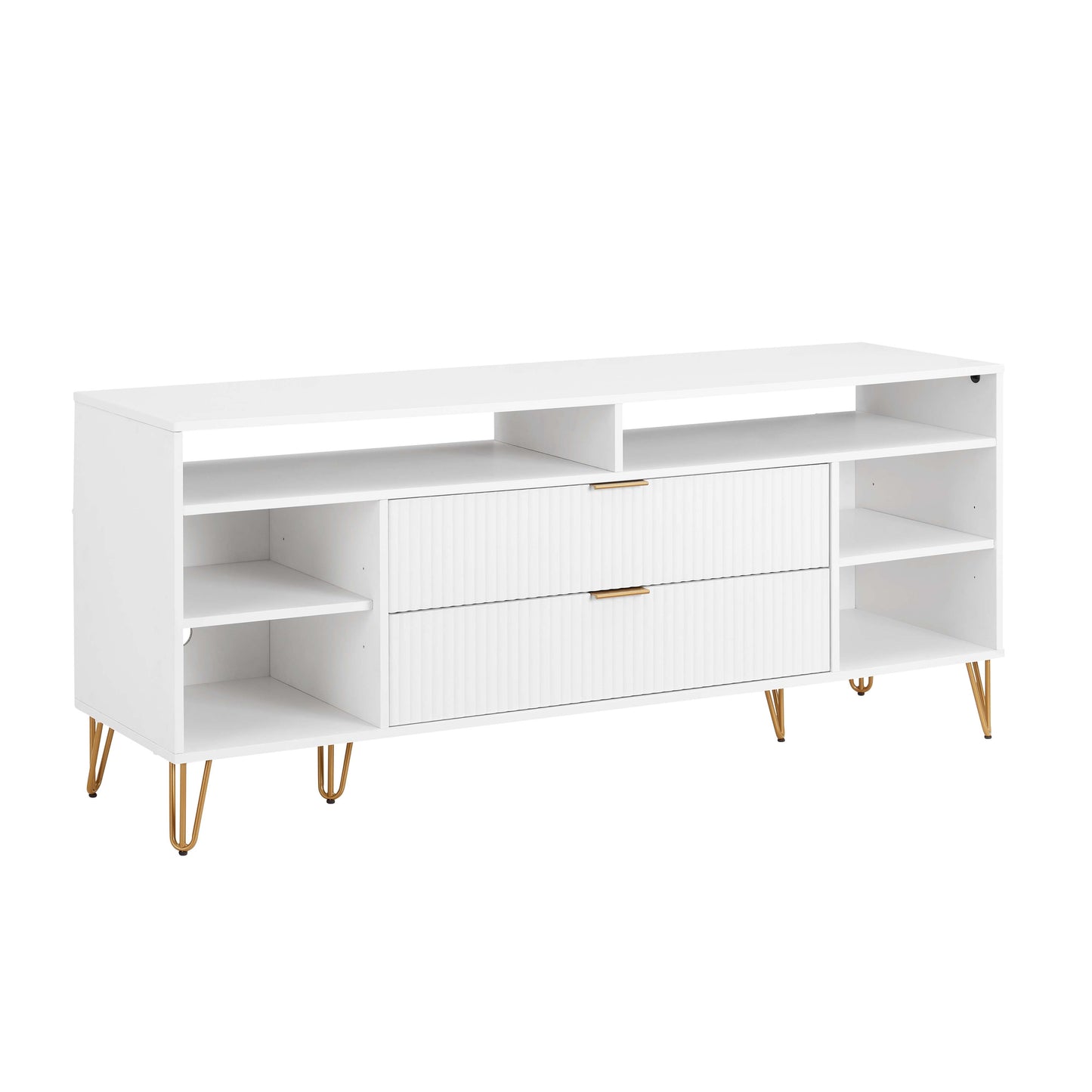 Manhattan Comfort DUMBO 63" White Mid-Century Modern TV Stand With 6 Shelves & 2 Drawers
