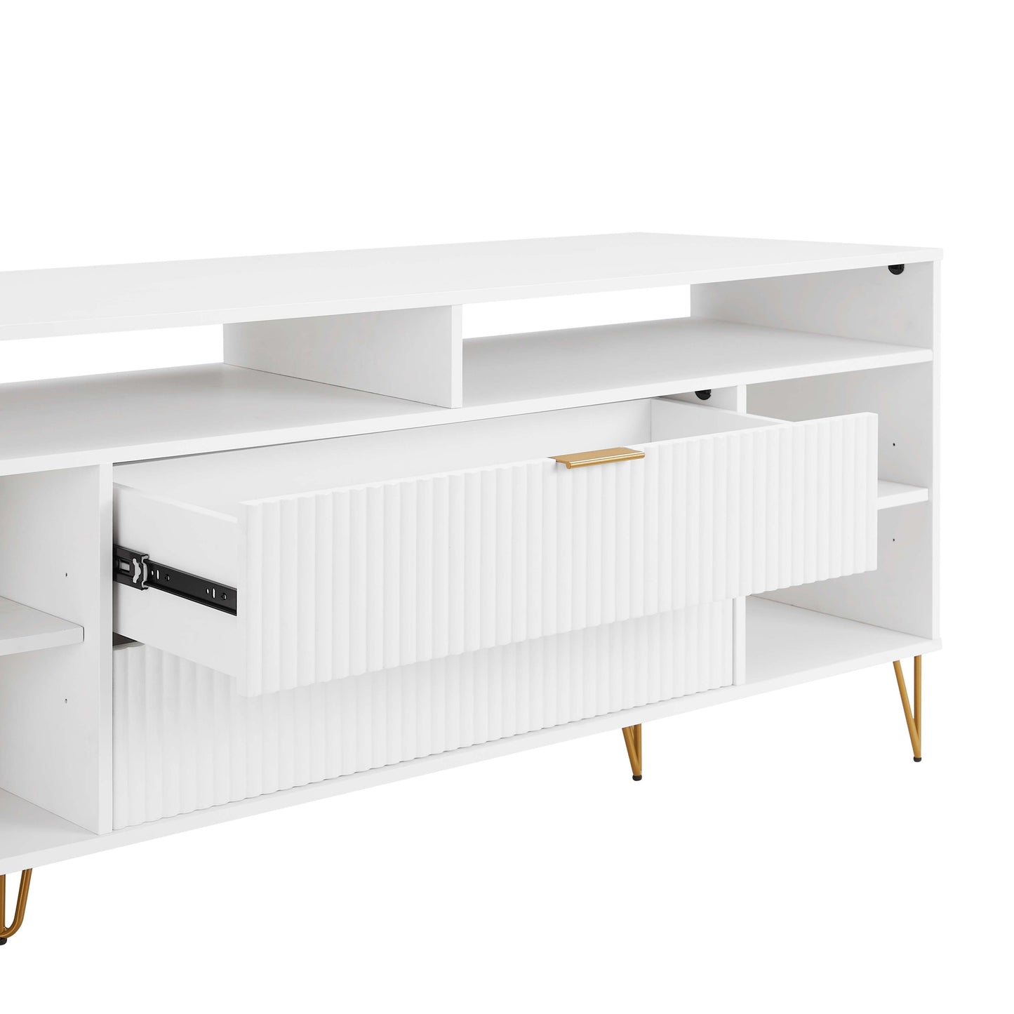 Manhattan Comfort DUMBO 63" White Mid-Century Modern TV Stand With 6 Shelves & 2 Drawers