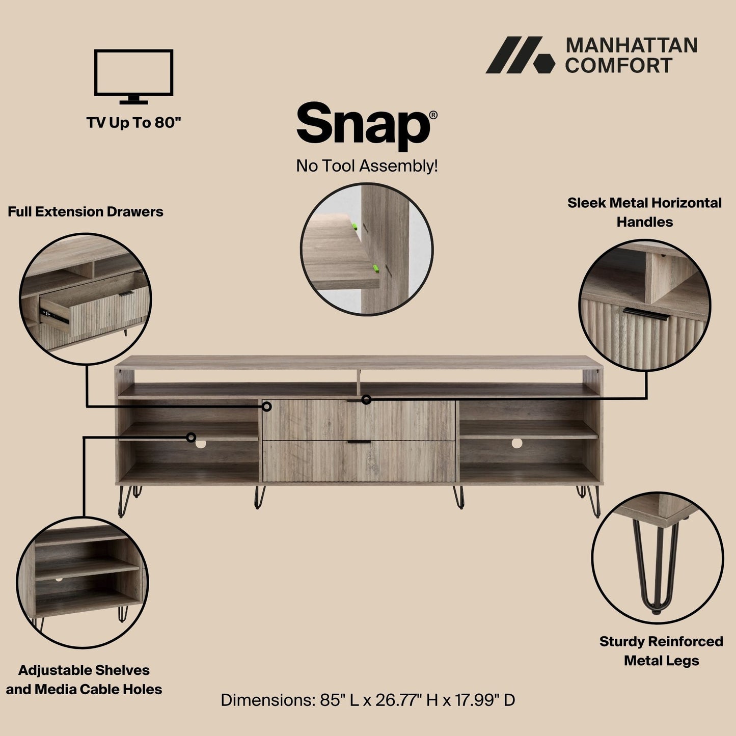 Manhattan Comfort DUMBO 85" Golden Brown Mid-Century Modern TV Stand With 6 Shelves And 2 Drawers