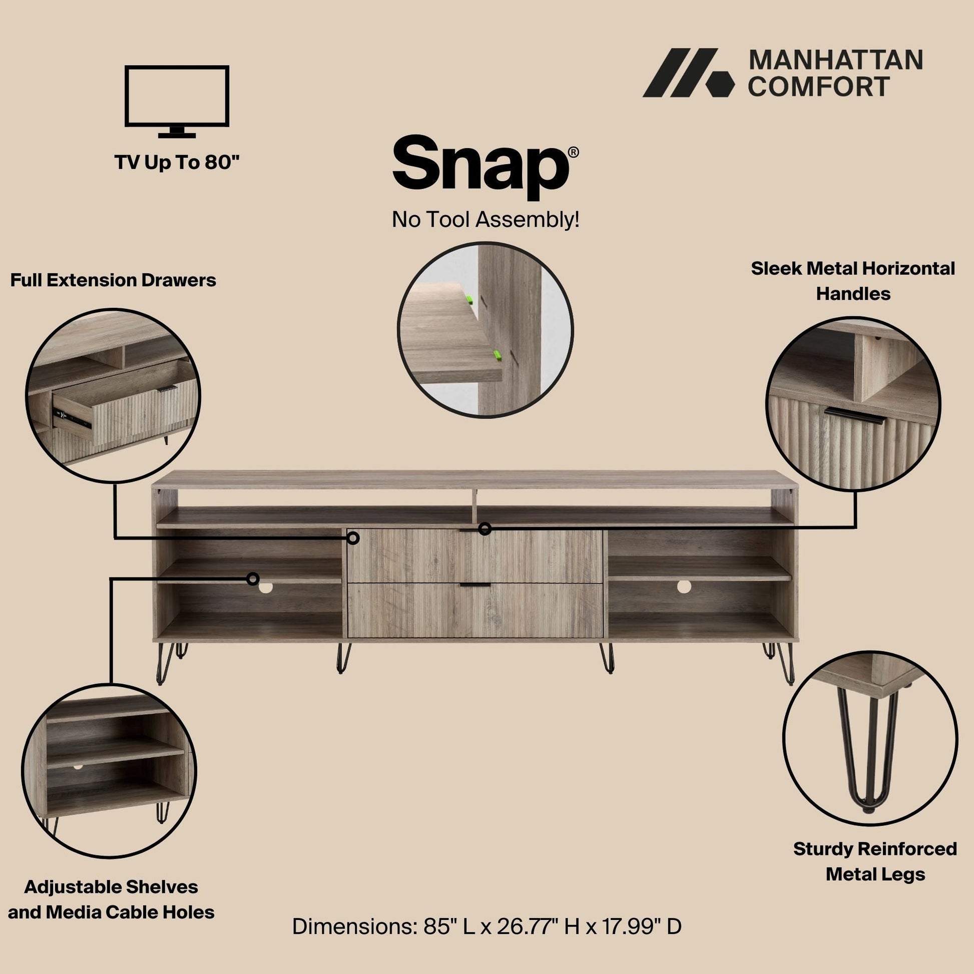 Manhattan Comfort DUMBO 85" Golden Brown Mid-Century Modern TV Stand With 6 Shelves And 2 Drawers