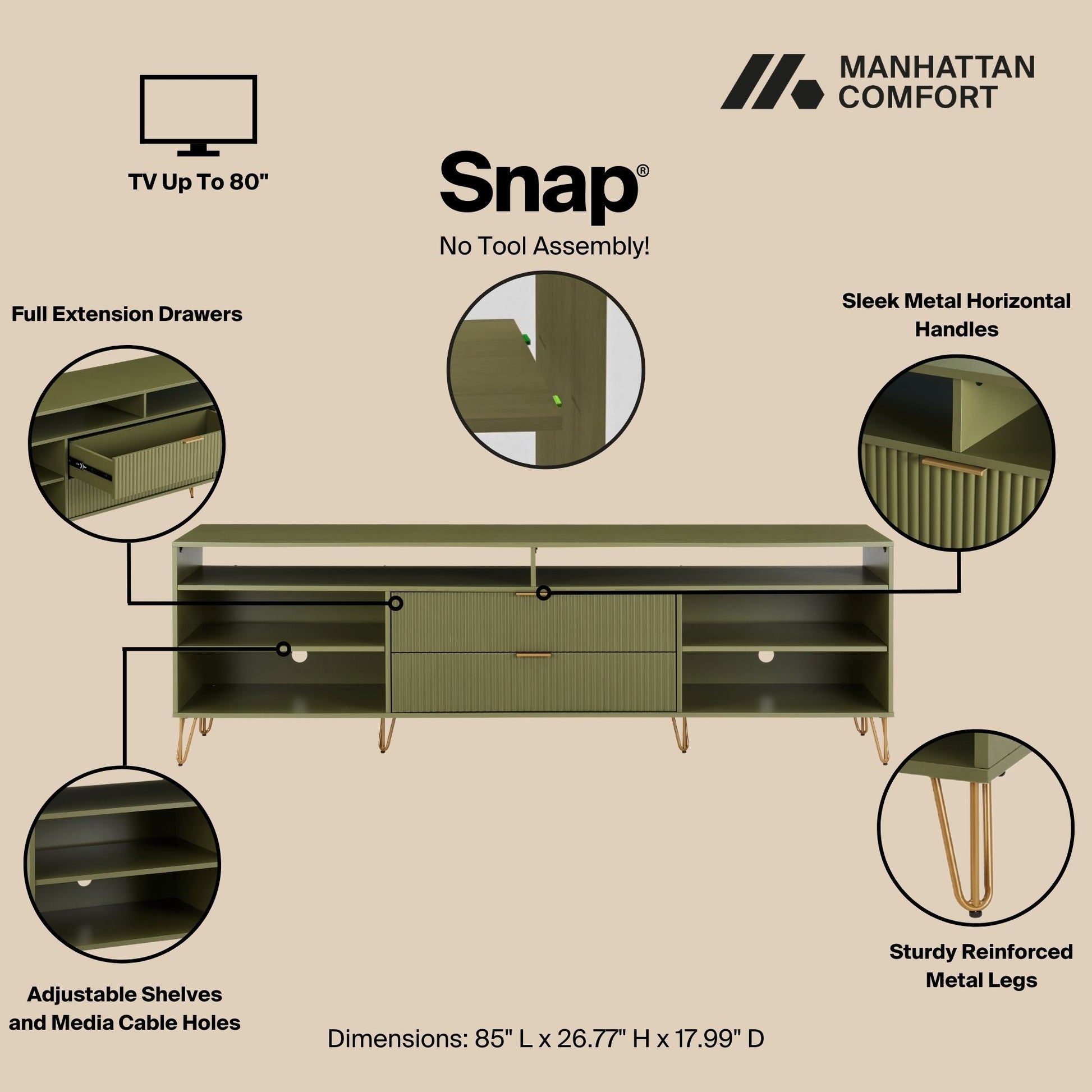 Manhattan Comfort DUMBO 85" Olive Green Mid-Century Modern TV Stand With 6 Shelves And 2 Drawers