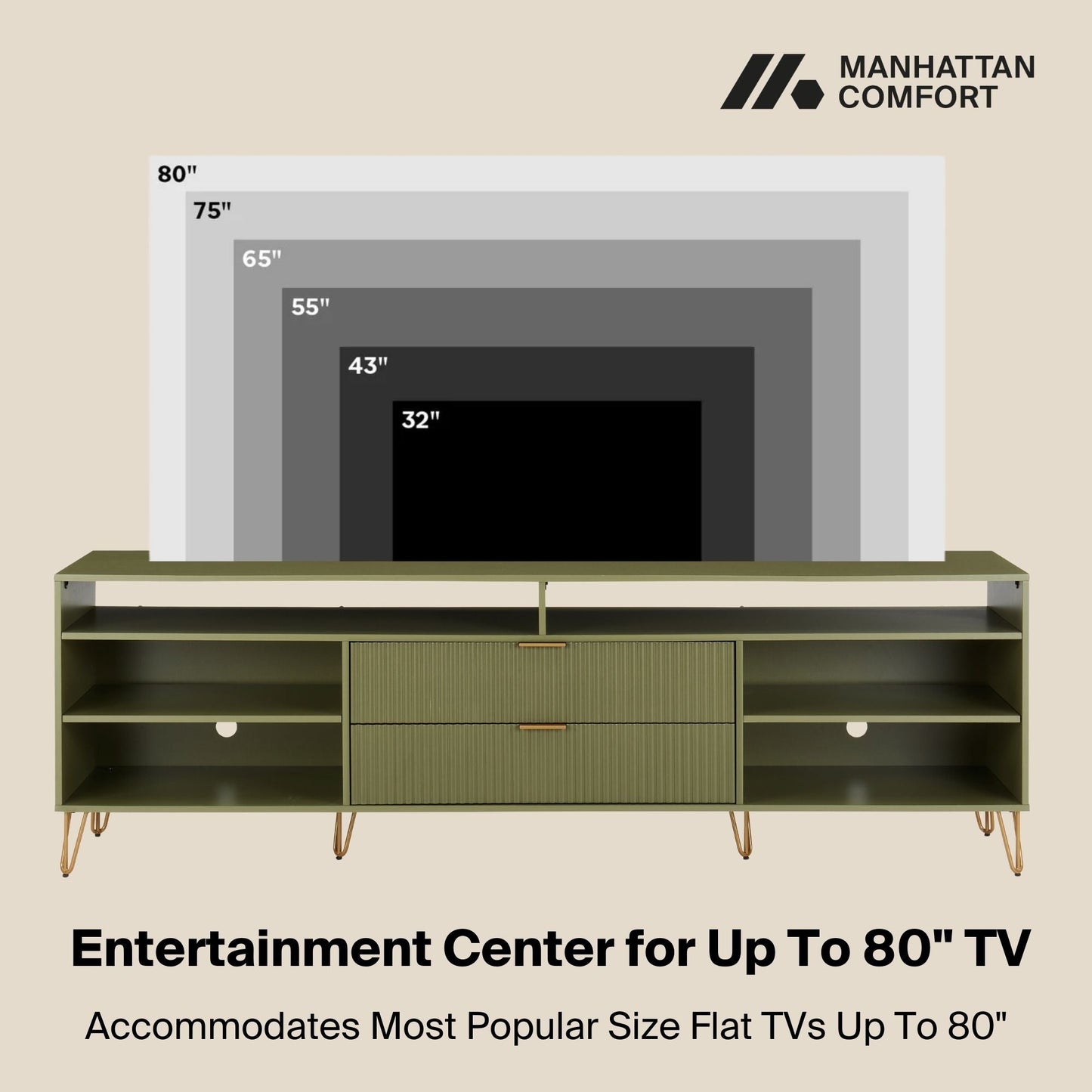 Manhattan Comfort DUMBO 85" Olive Green Mid-Century Modern TV Stand With 6 Shelves And 2 Drawers