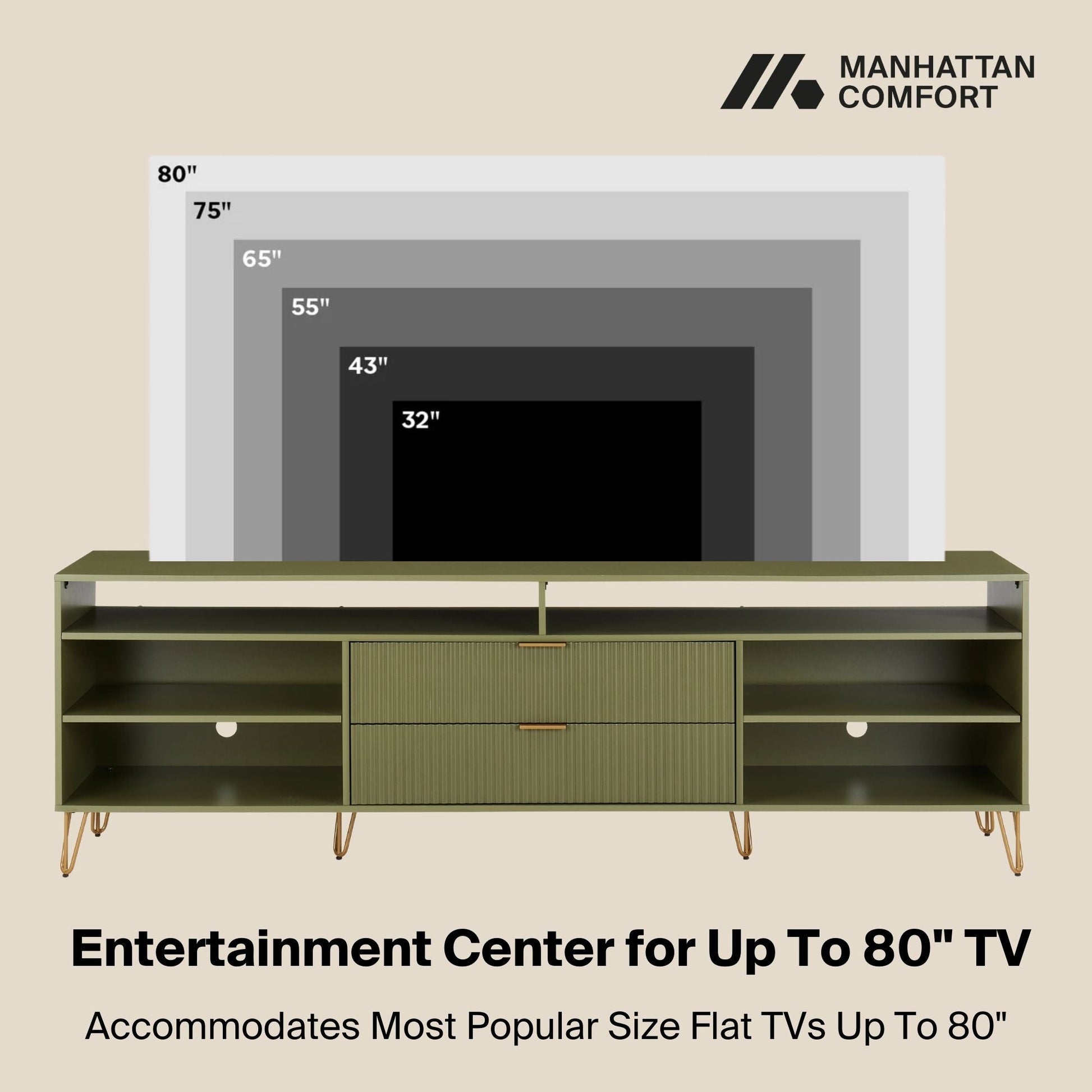 Manhattan Comfort DUMBO 85" Olive Green Mid-Century Modern TV Stand With 6 Shelves And 2 Drawers
