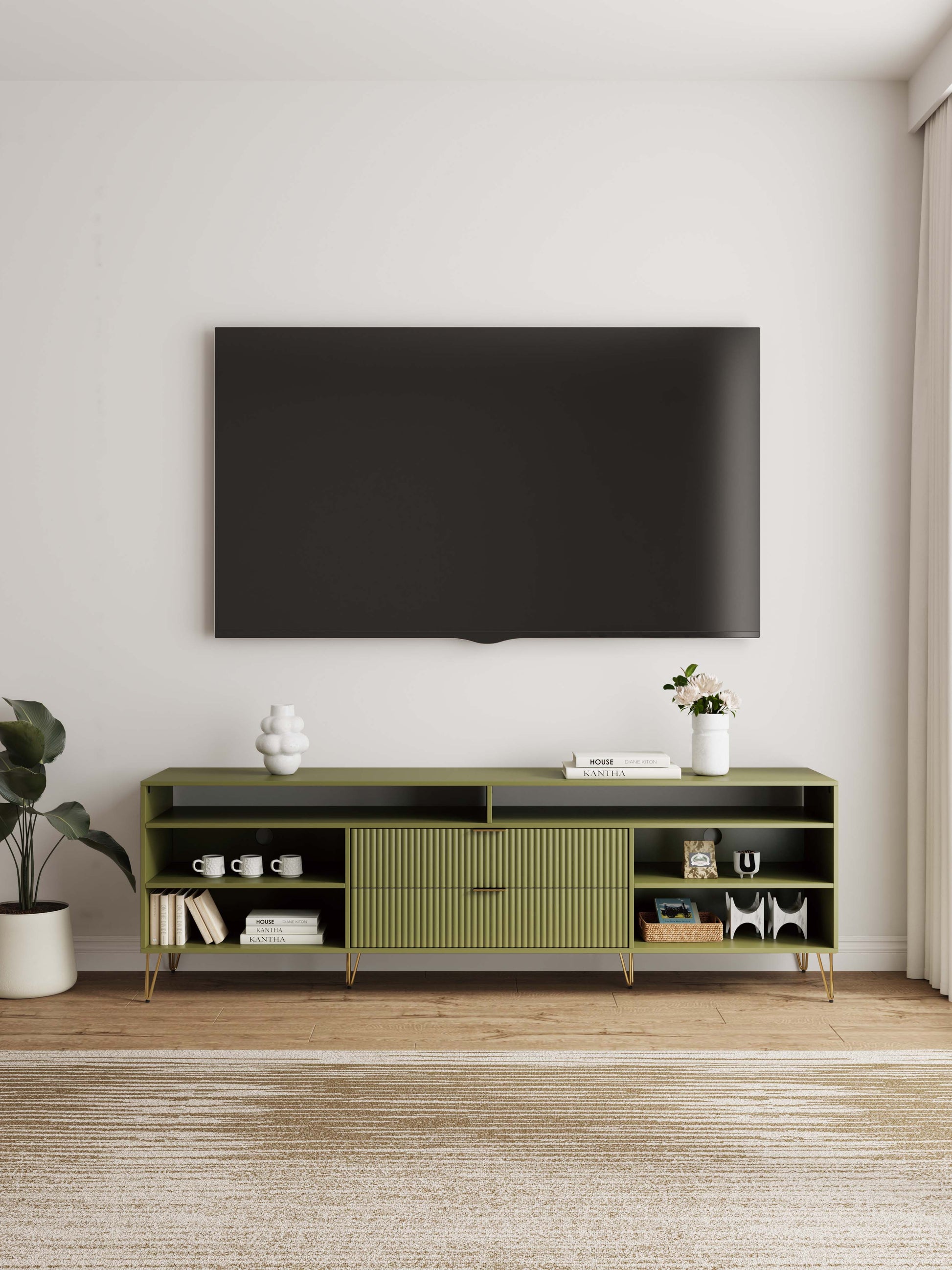 Manhattan Comfort DUMBO 85" Olive Green Mid-Century Modern TV Stand With 6 Shelves And 2 Drawers