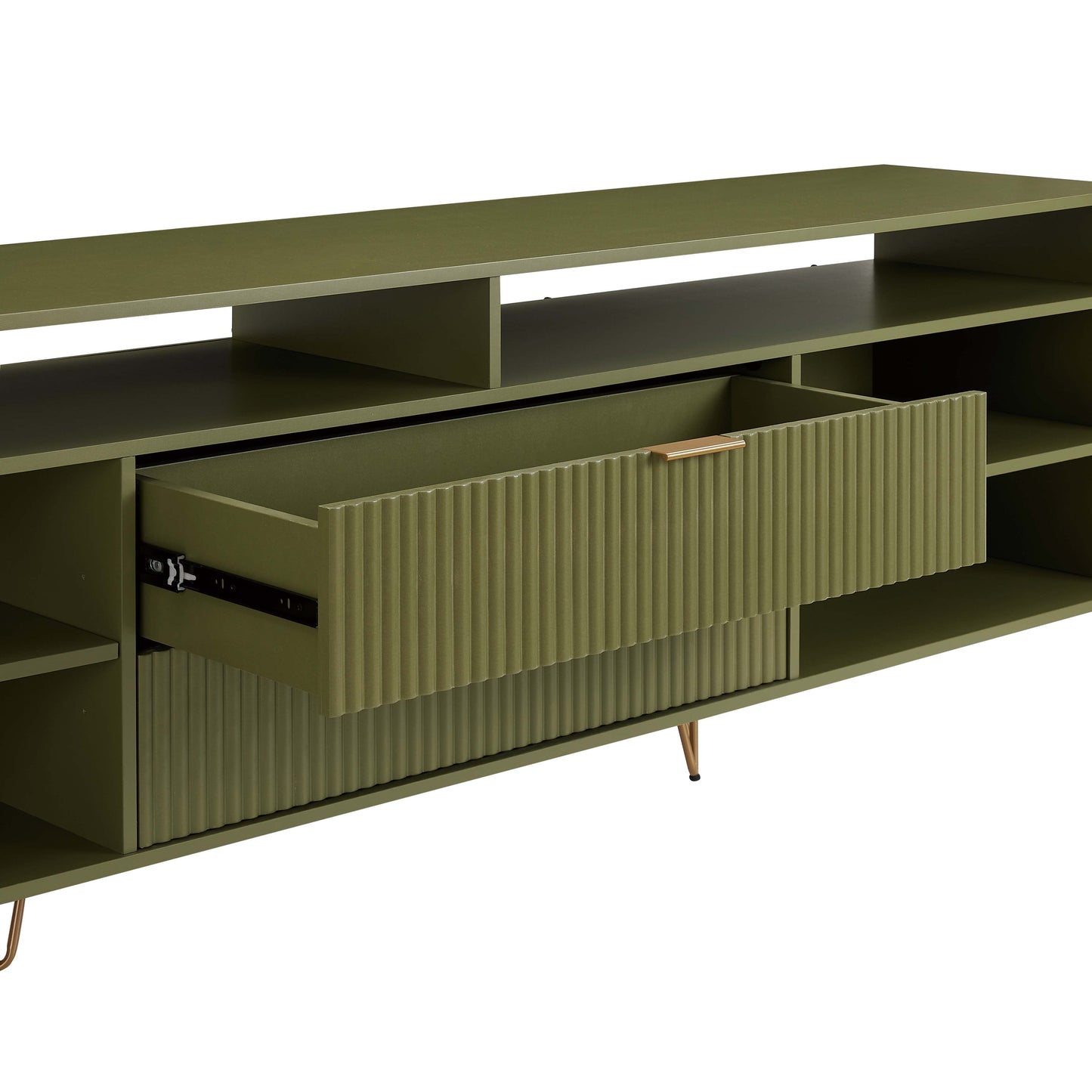 Manhattan Comfort DUMBO 85" Olive Green Mid-Century Modern TV Stand With 6 Shelves And 2 Drawers