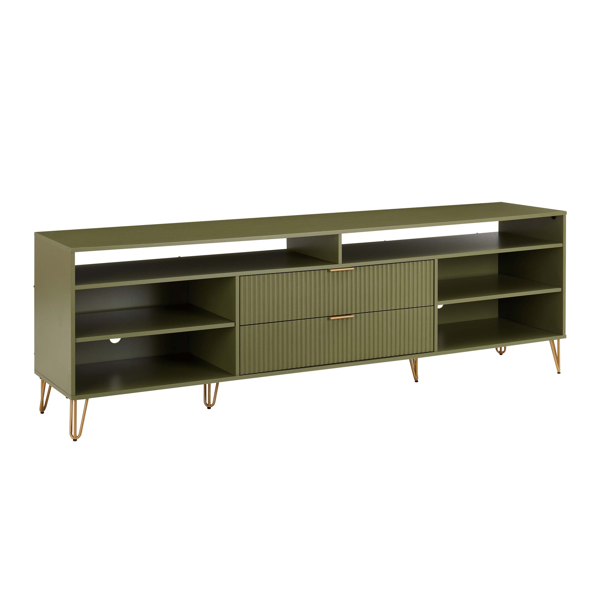 Manhattan Comfort DUMBO 85" Olive Green Mid-Century Modern TV Stand With 6 Shelves And 2 Drawers