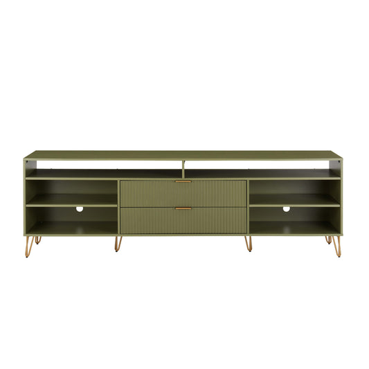 Manhattan Comfort DUMBO 85" Olive Green Mid-Century Modern TV Stand With 6 Shelves And 2 Drawers