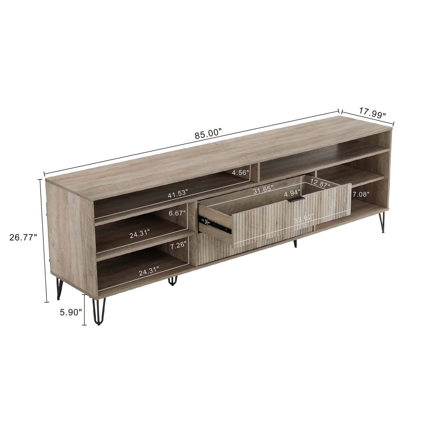 Manhattan Comfort DUMBO 85" Rustic Grey Mid-Century Modern TV Stand With 6 Shelves And 2 Drawers