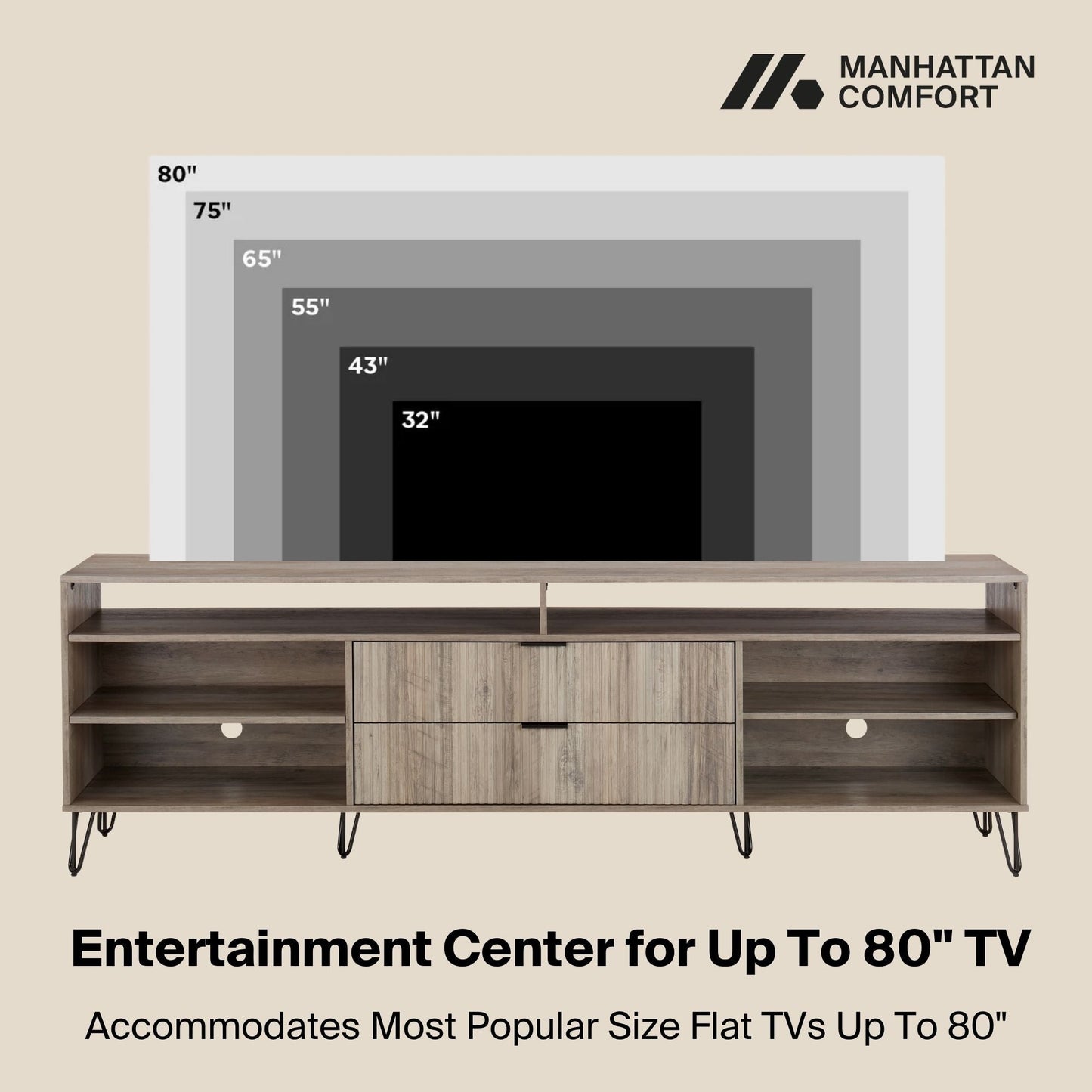 Manhattan Comfort DUMBO 85" Rustic Grey Mid-Century Modern TV Stand With 6 Shelves And 2 Drawers