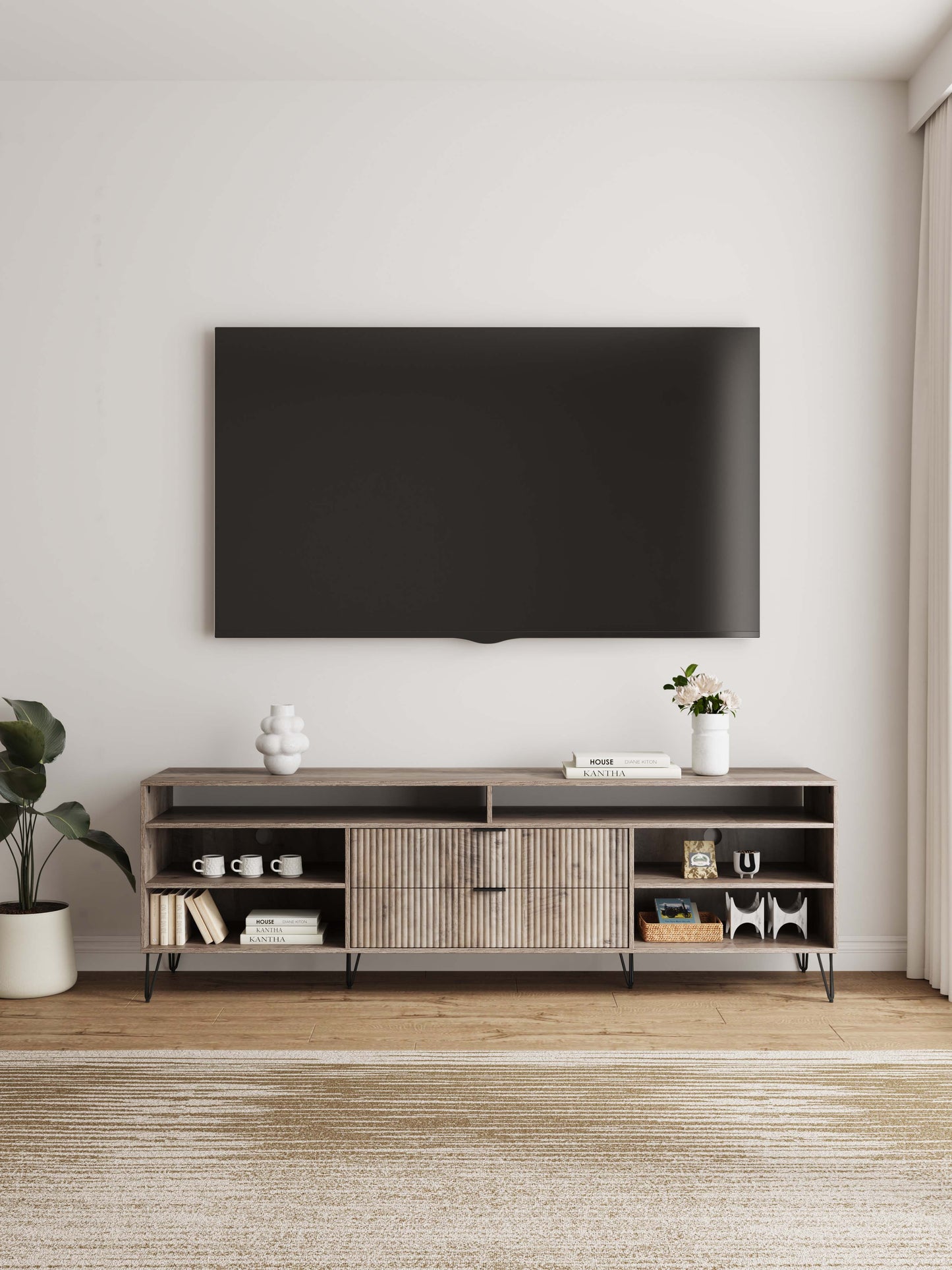 Manhattan Comfort DUMBO 85" Rustic Grey Mid-Century Modern TV Stand With 6 Shelves And 2 Drawers
