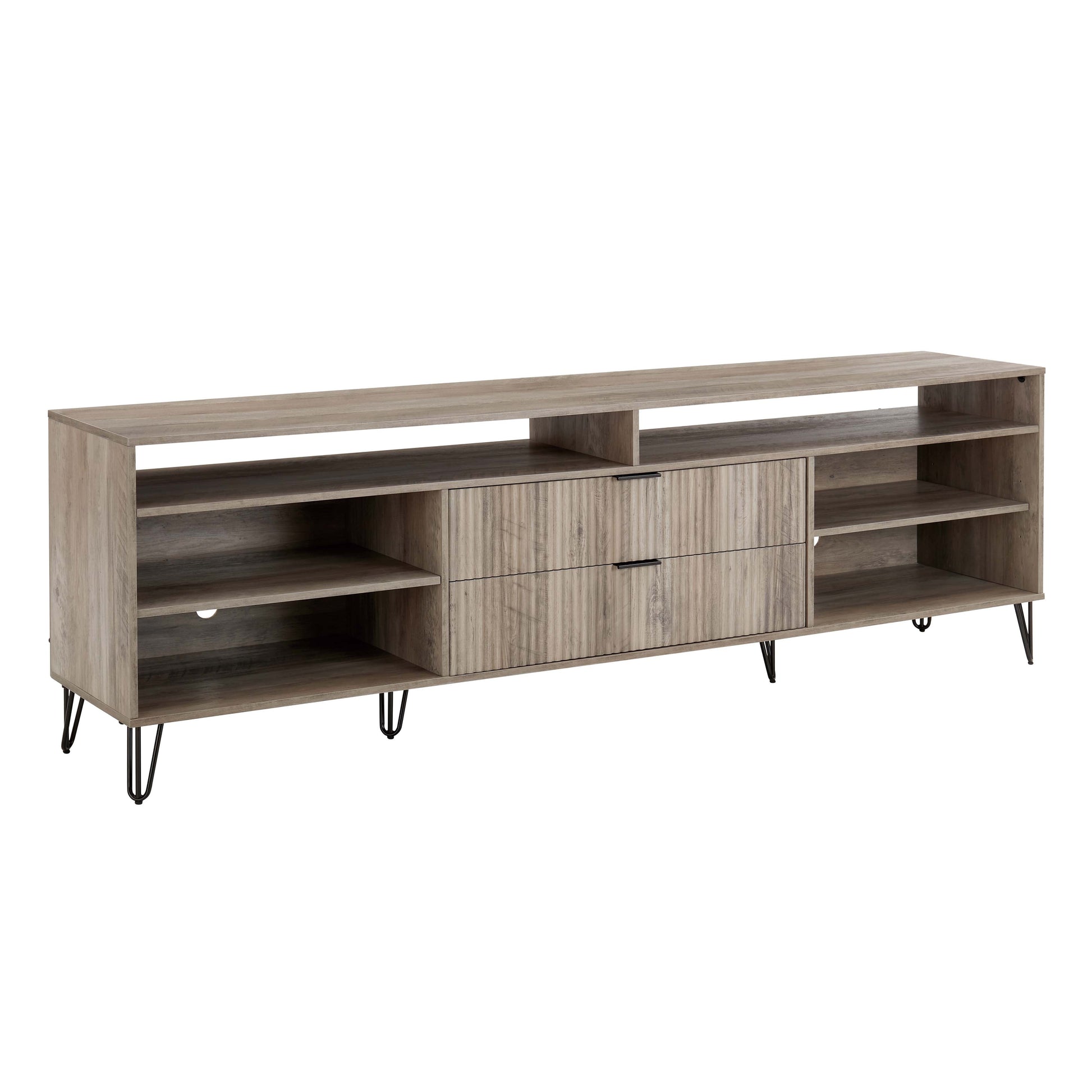 Manhattan Comfort DUMBO 85" Rustic Grey Mid-Century Modern TV Stand With 6 Shelves And 2 Drawers