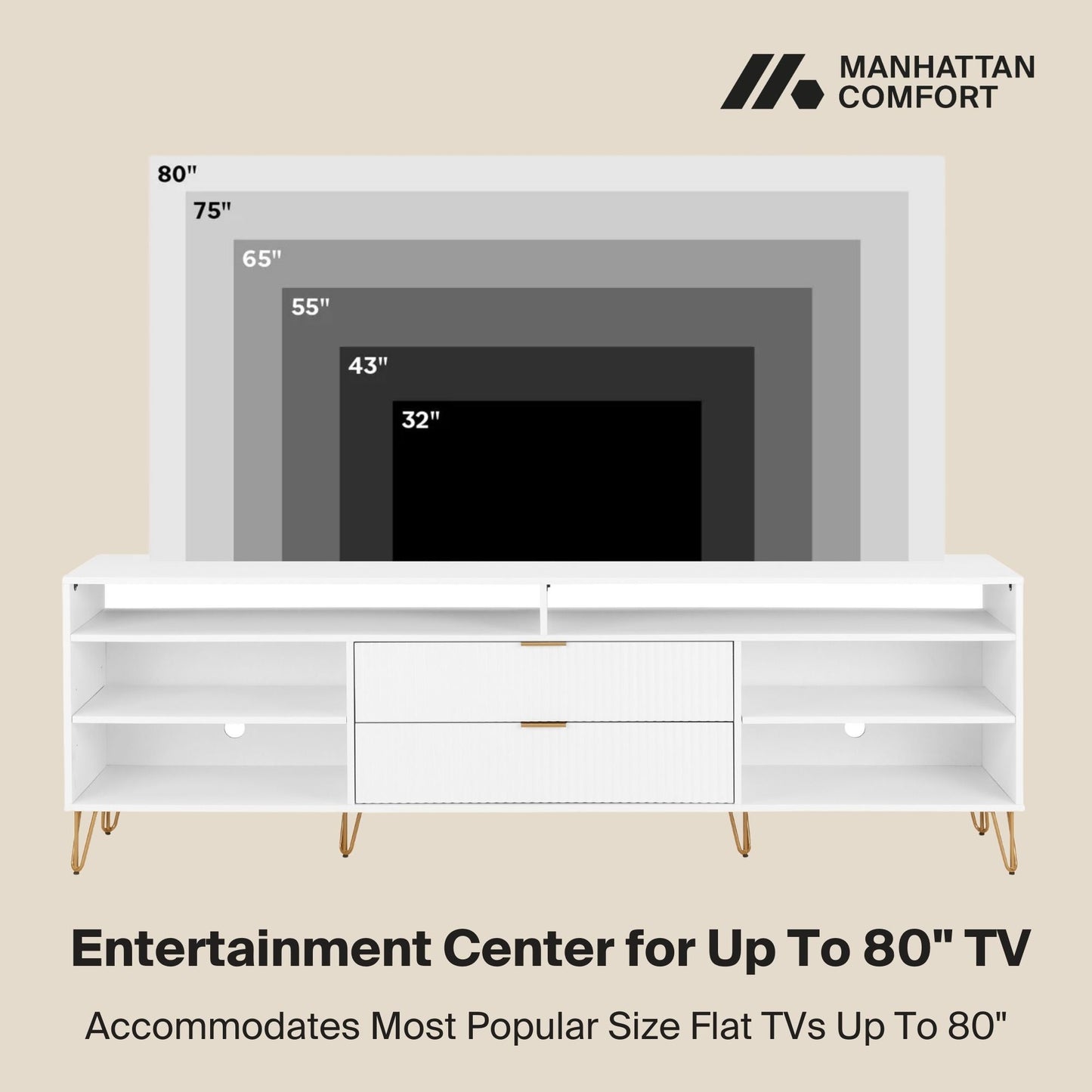 Manhattan Comfort DUMBO 85" White Mid-Century Modern TV Stand With 6 Shelves And 2 Drawers