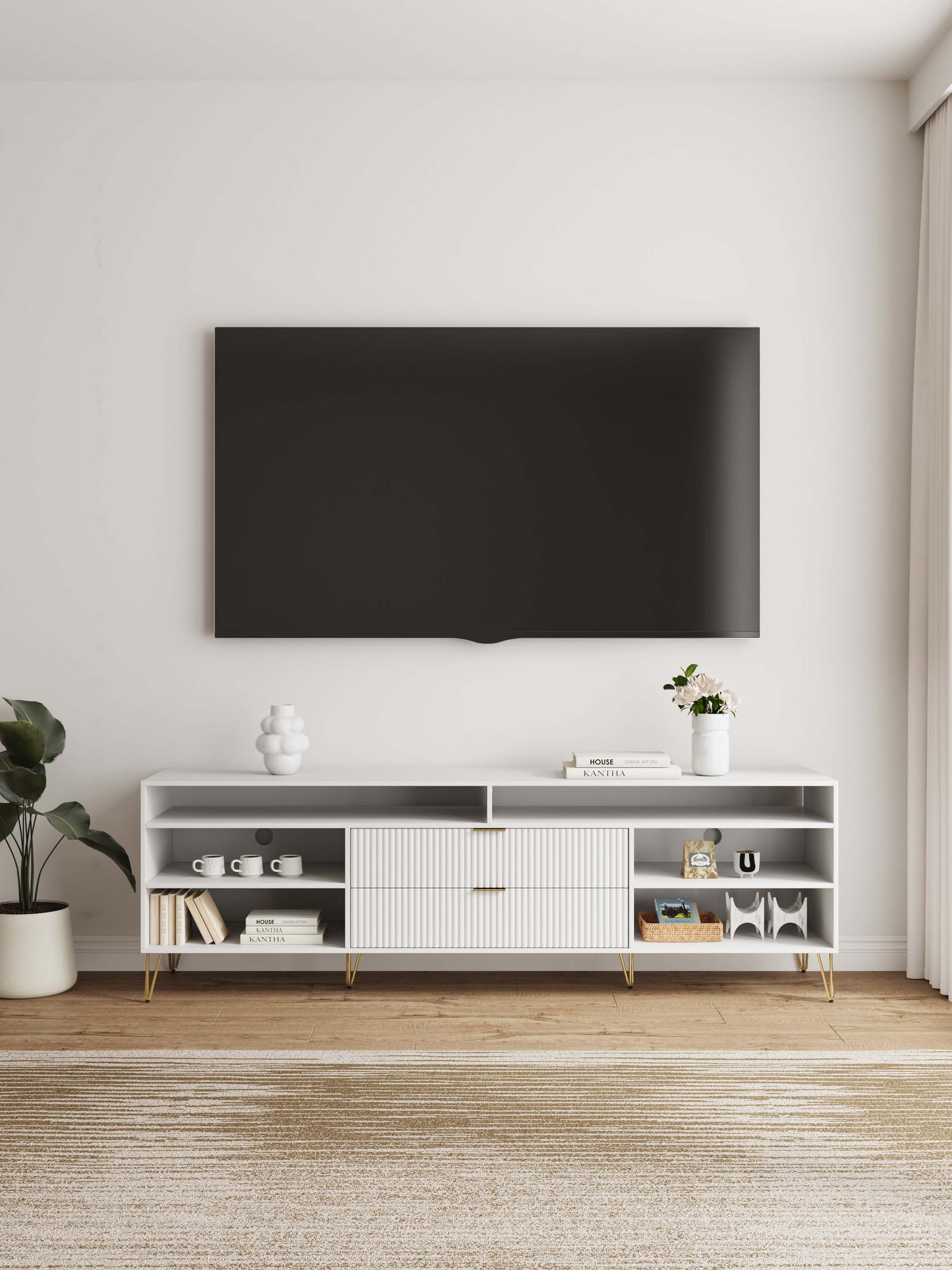 Manhattan Comfort DUMBO 85" White Mid-Century Modern TV Stand With 6 Shelves And 2 Drawers