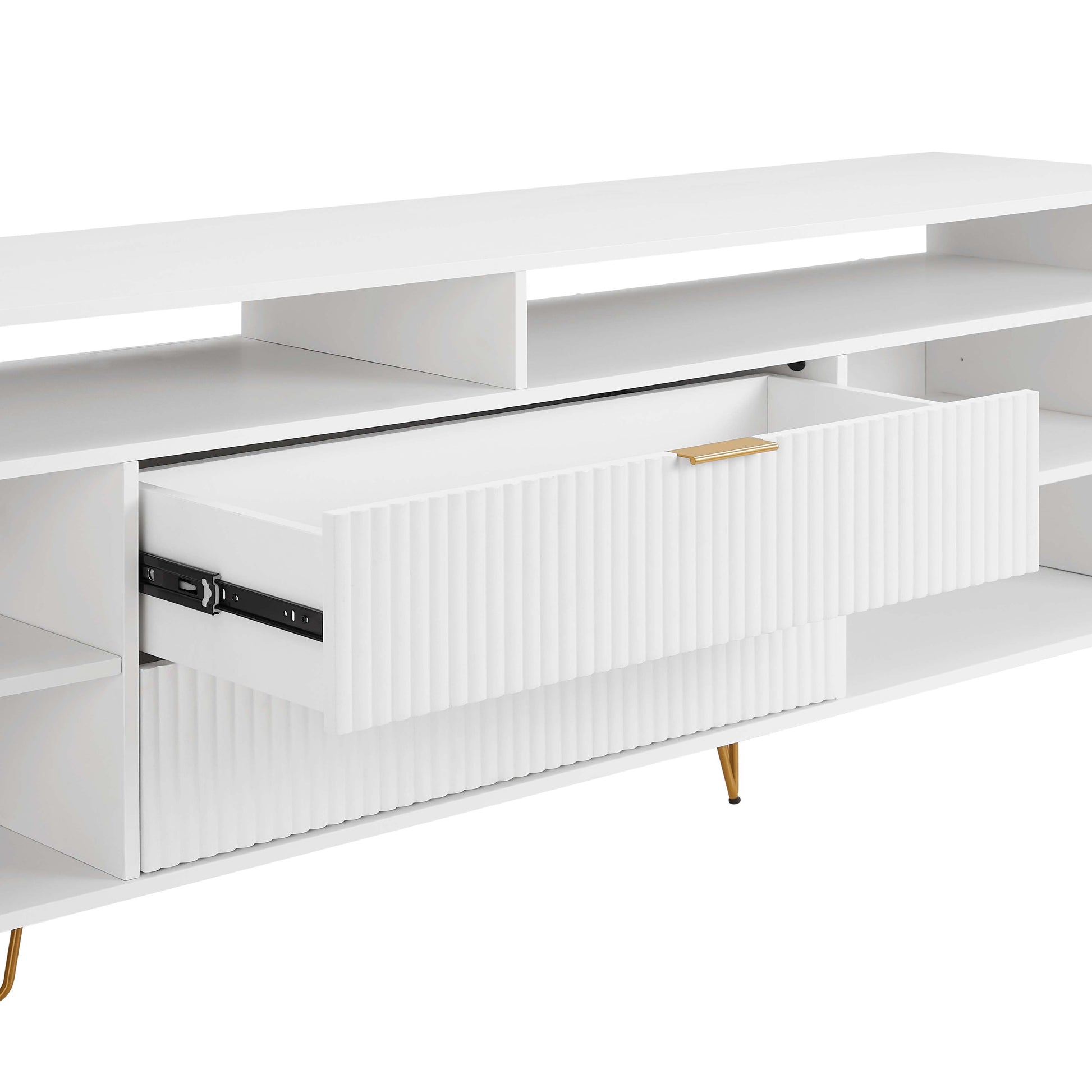 Manhattan Comfort DUMBO 85" White Mid-Century Modern TV Stand With 6 Shelves And 2 Drawers