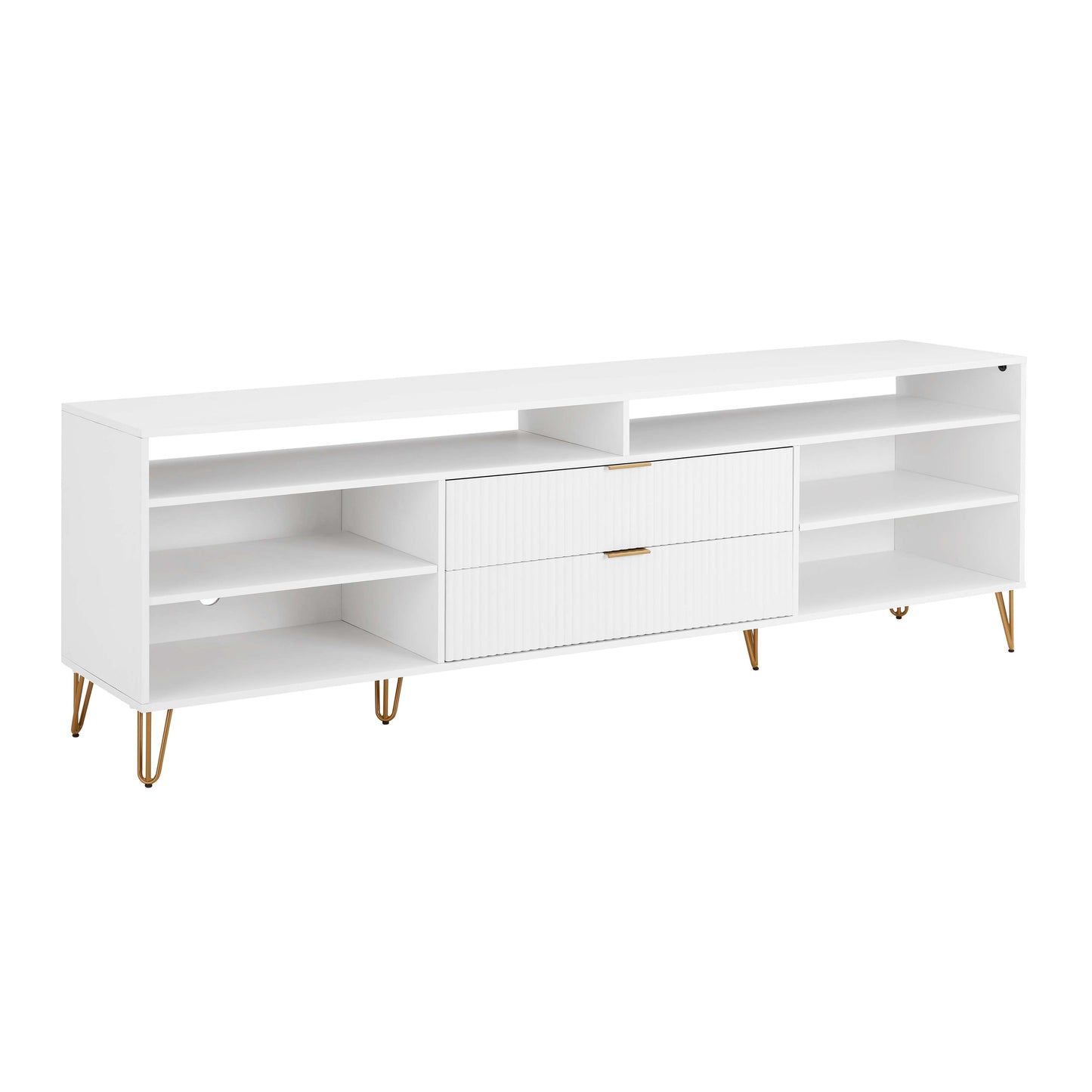 Manhattan Comfort DUMBO 85" White Mid-Century Modern TV Stand With 6 Shelves And 2 Drawers