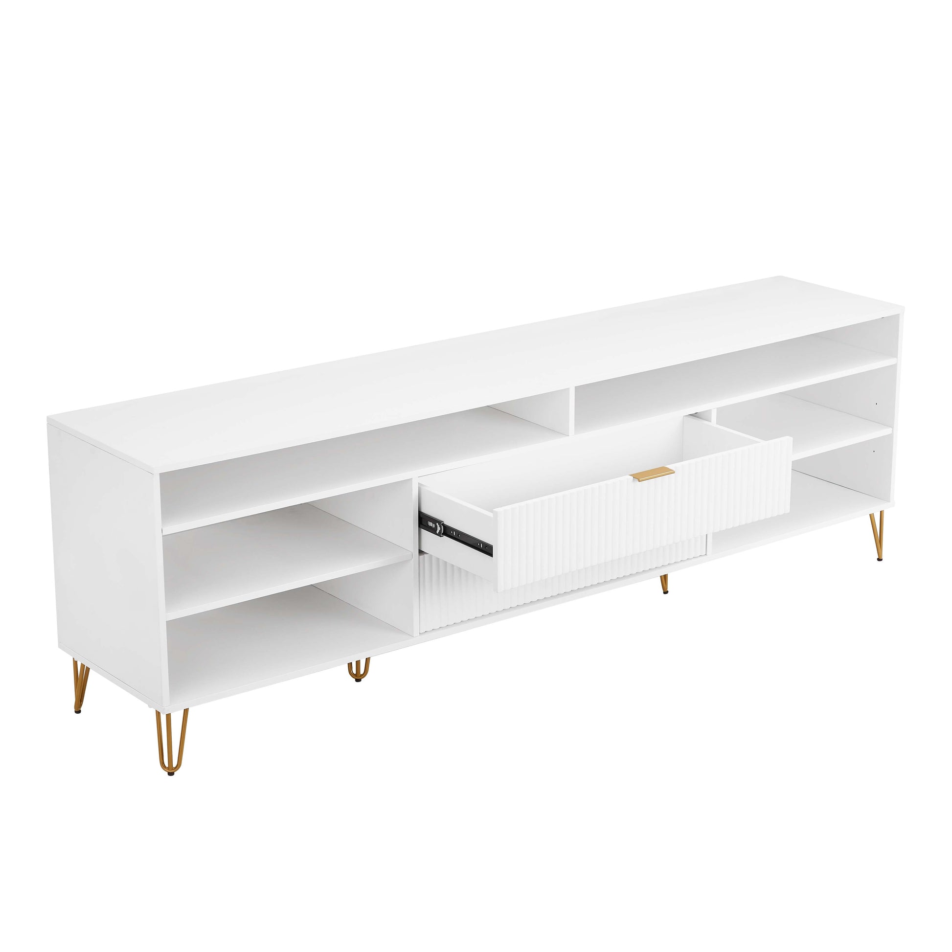 Manhattan Comfort DUMBO 85" White Mid-Century Modern TV Stand With 6 Shelves And 2 Drawers