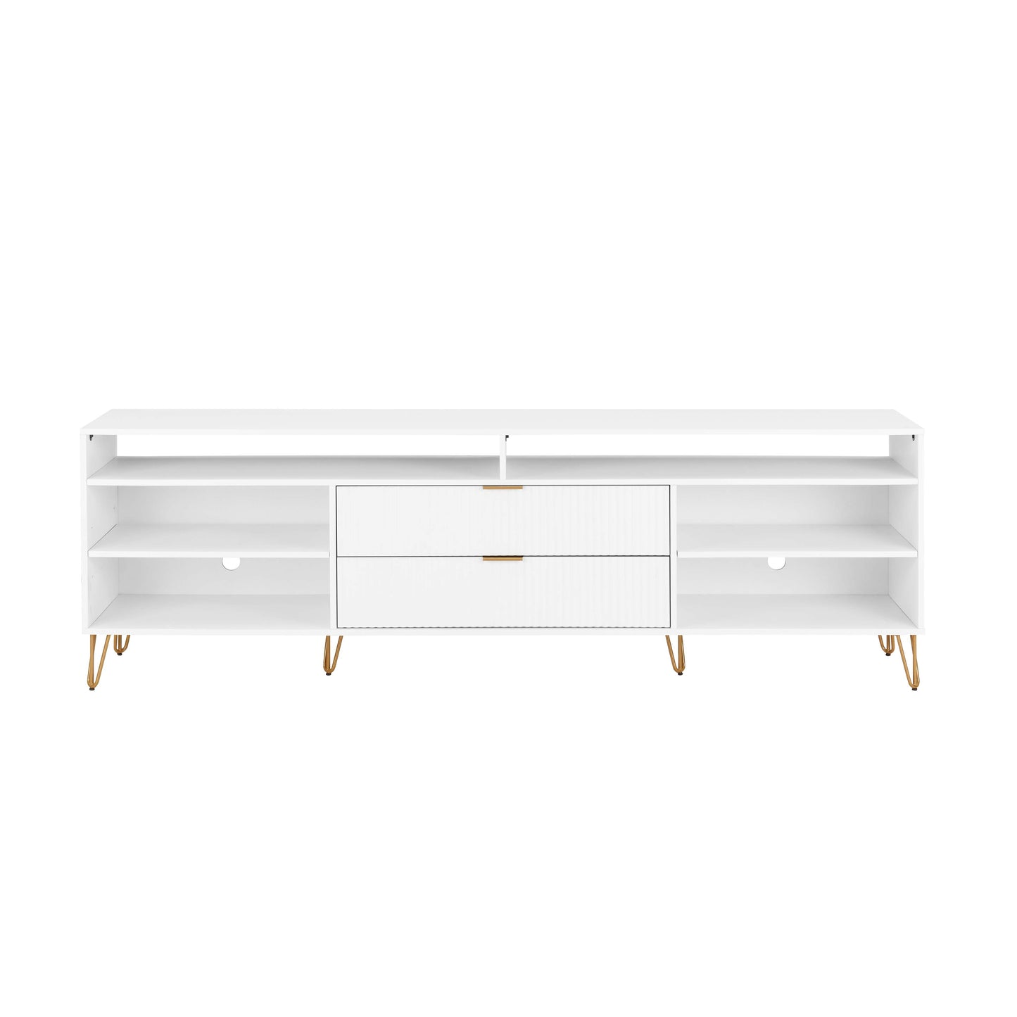 Manhattan Comfort DUMBO 85" White Mid-Century Modern TV Stand With 6 Shelves And 2 Drawers