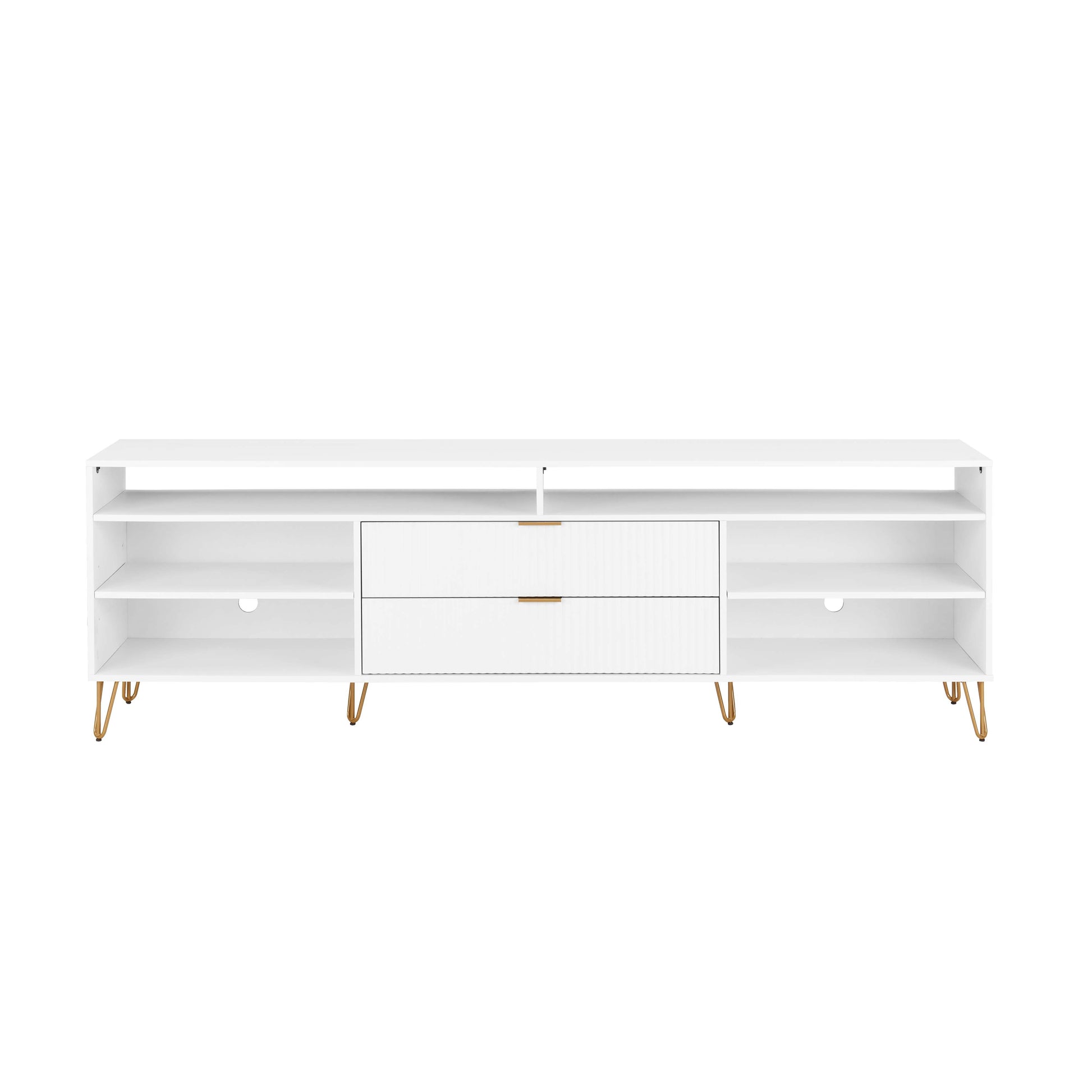 Manhattan Comfort DUMBO 85" White Mid-Century Modern TV Stand With 6 Shelves And 2 Drawers