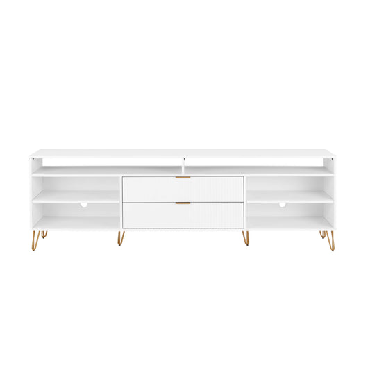 Manhattan Comfort DUMBO 85" White Mid-Century Modern TV Stand With 6 Shelves And 2 Drawers