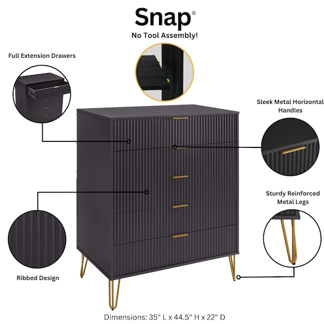 Manhattan Comfort DUMBO Black Modern 5-Drawer Tall Dresser