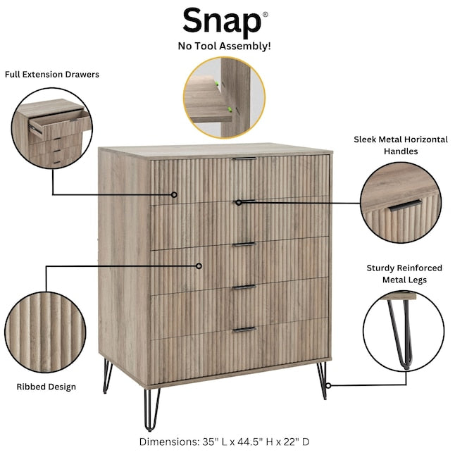 Manhattan Comfort DUMBO Grey Modern 5-Drawer Tall Dresser