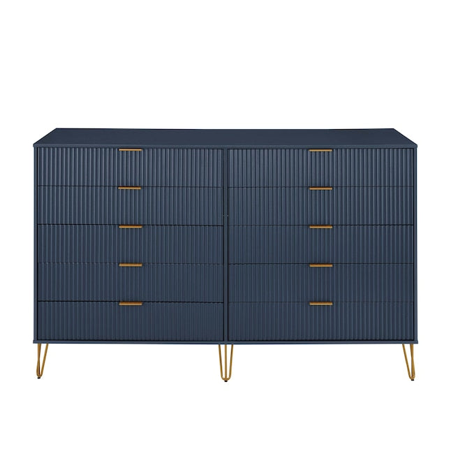 Manhattan Comfort Dumbo Modern Nightstand 2.0 With 2 Metal Feet | Splayed Gold Legs | Vertical Ribbed Design | No Tool Assembly Storage For Bedroom, Set Of 2, Midnight Blue