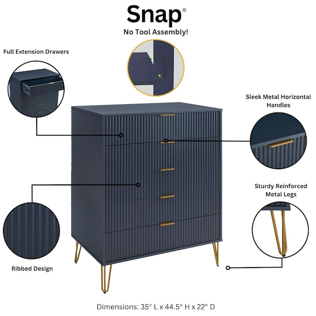Manhattan Comfort DUMBO Midnight Blue Modern 5-Drawer Tall Dresser