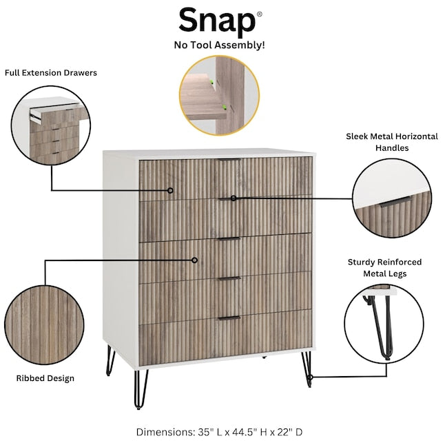 Manhattan Comfort DUMBO White And Grey Modern 5-Drawer Tall Dresser