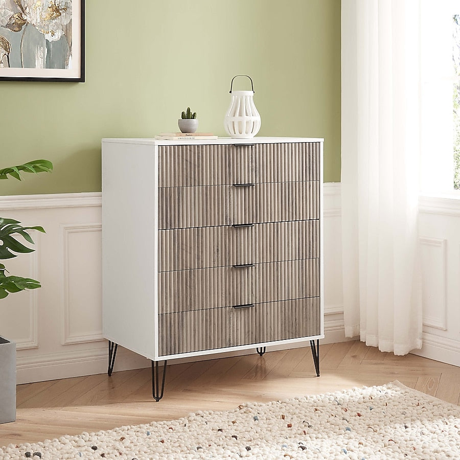 Manhattan Comfort DUMBO White And Grey Modern 5-Drawer Tall Dresser
