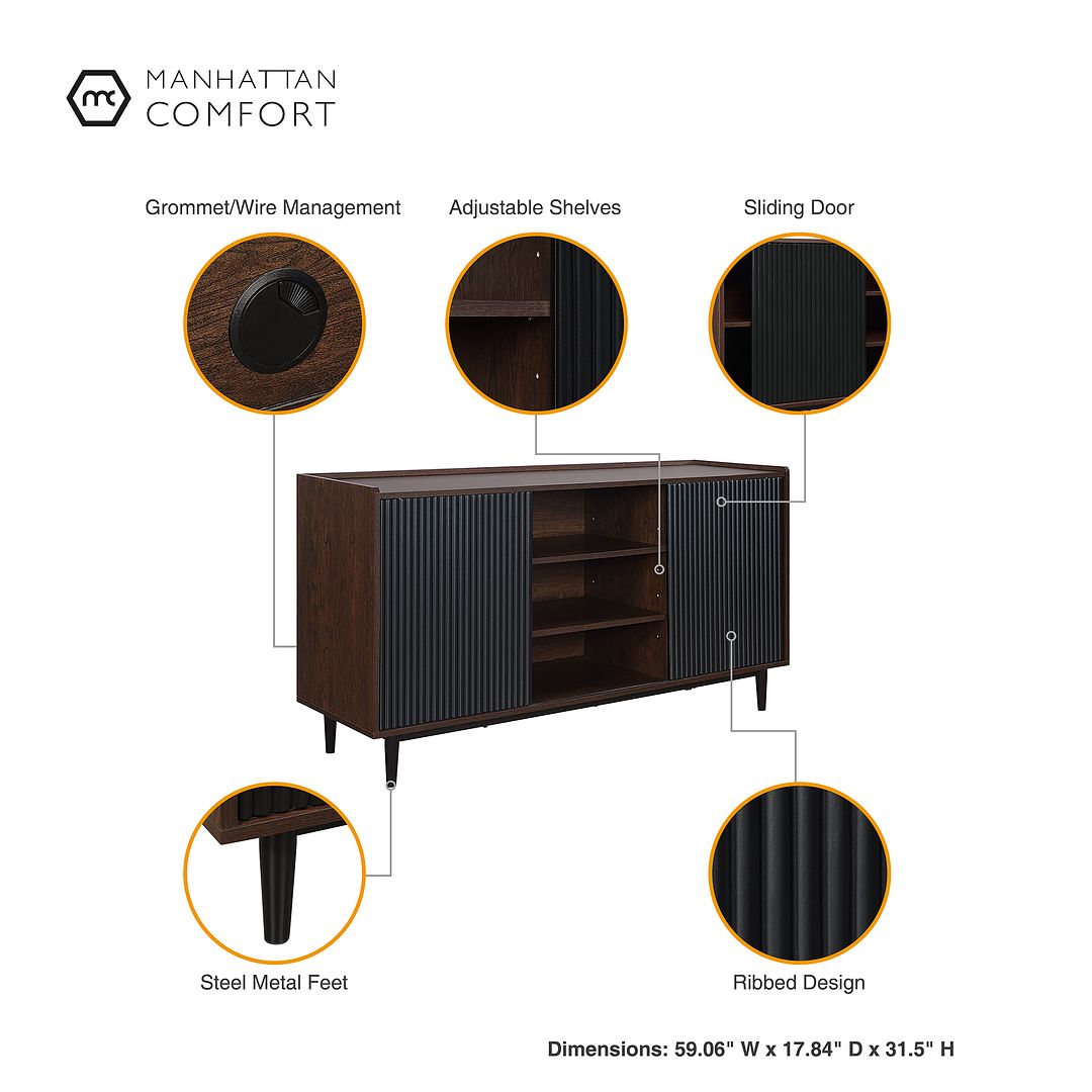 Manhattan Comfort Duane 59" Modern Ribbed Sideboard With Adjustable Shelves In Dark Brown & Black