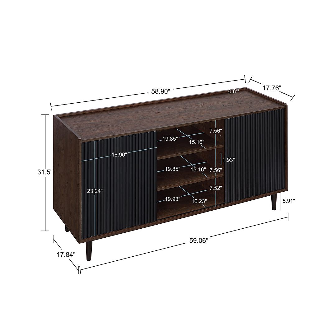 Manhattan Comfort Duane 59" Modern Ribbed Sideboard With Adjustable Shelves In Dark Brown & Black