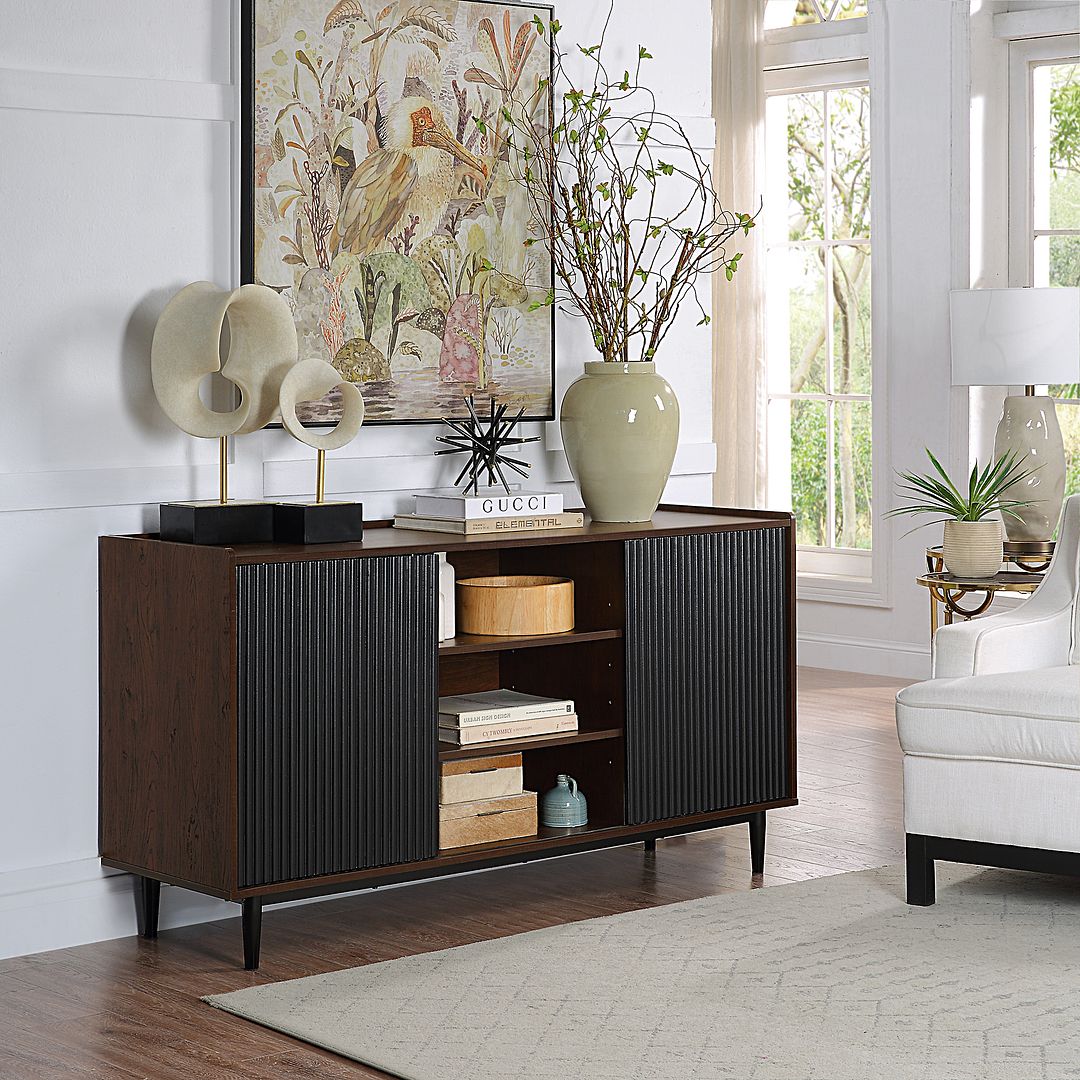 Manhattan Comfort Duane 59" Modern Ribbed Sideboard With Adjustable Shelves In Dark Brown & Black