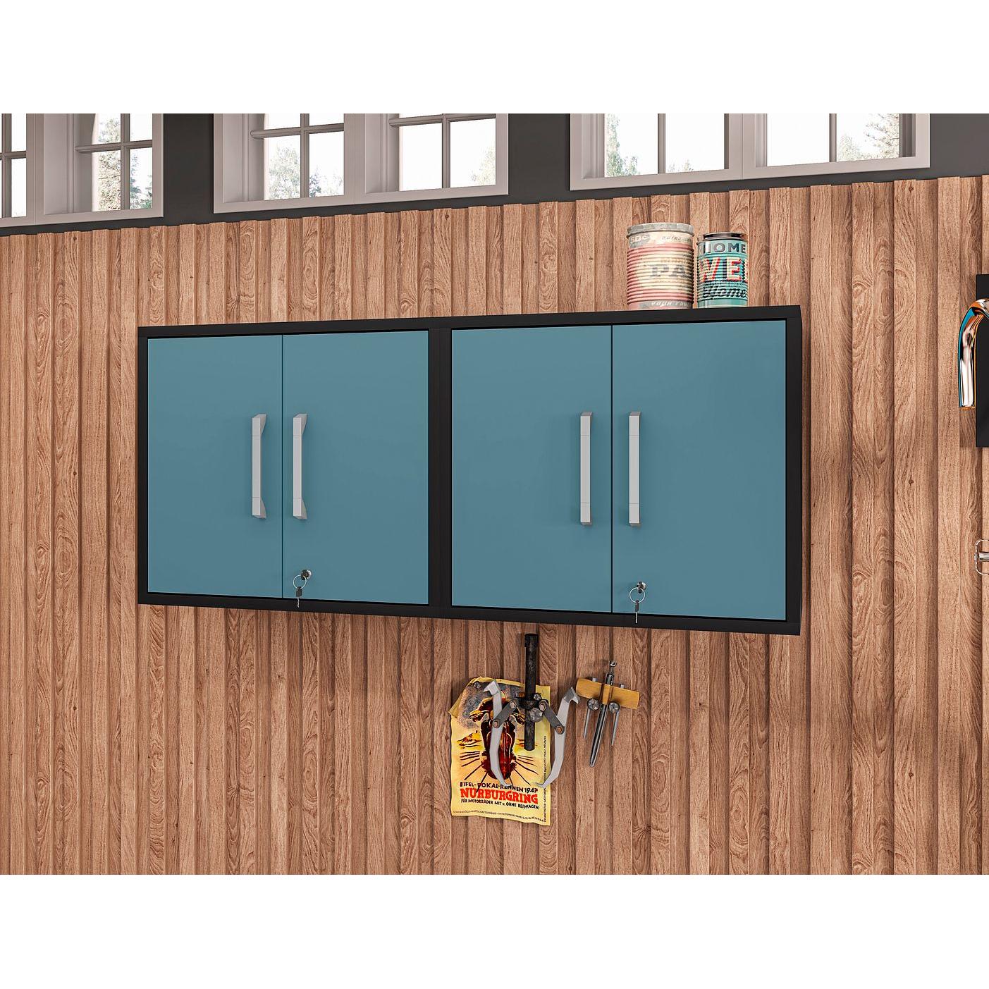 Manhattan Comfort Eiffel 2-Piece Floating Storage Cabinet In Matte Black & Aqua Blue