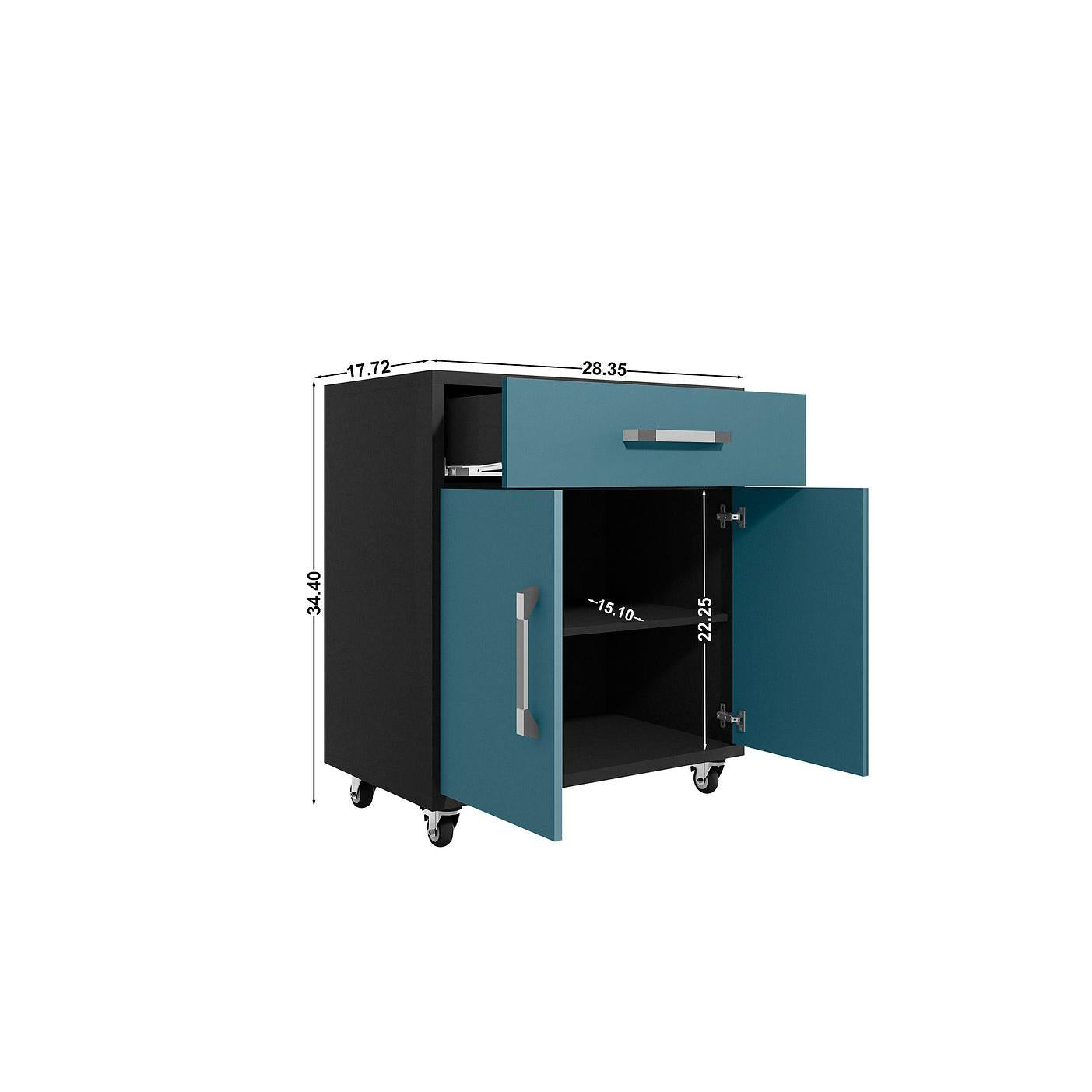Manhattan Comfort Eiffel 2-Piece Mobile Storage Cabinet In Matte Black & Aqua Blue