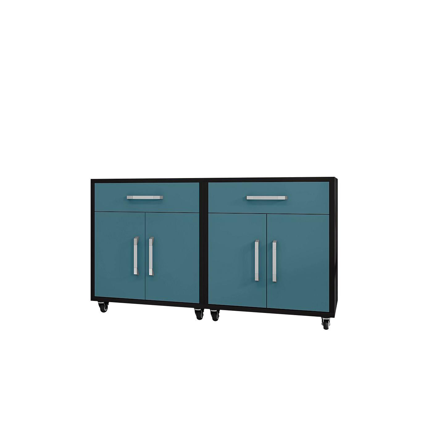 Manhattan Comfort Eiffel 2-Piece Mobile Storage Cabinet In Matte Black & Aqua Blue