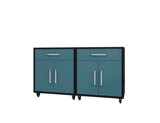 Manhattan Comfort Eiffel 2-Piece Mobile Storage Cabinet In Matte Black & Aqua Blue
