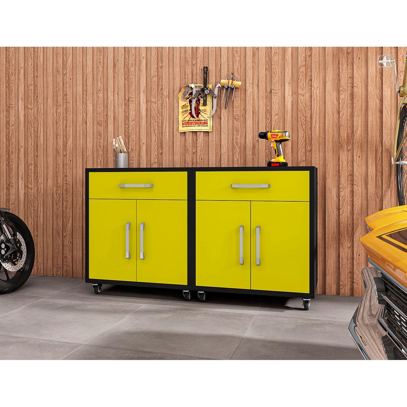 Manhattan Comfort Eiffel 2-Piece Mobile Storage Cabinet In Matte Black & Yellow