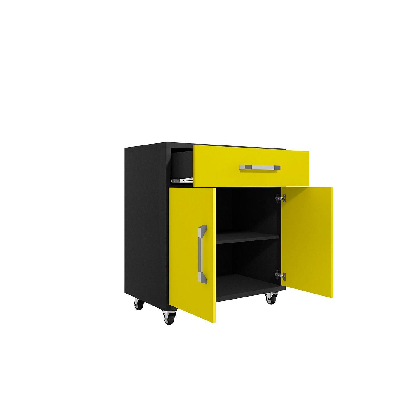 Manhattan Comfort Eiffel 2-Piece Mobile Storage Cabinet In Matte Black & Yellow