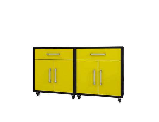 Manhattan Comfort Eiffel 2-Piece Mobile Storage Cabinet In Matte Black & Yellow