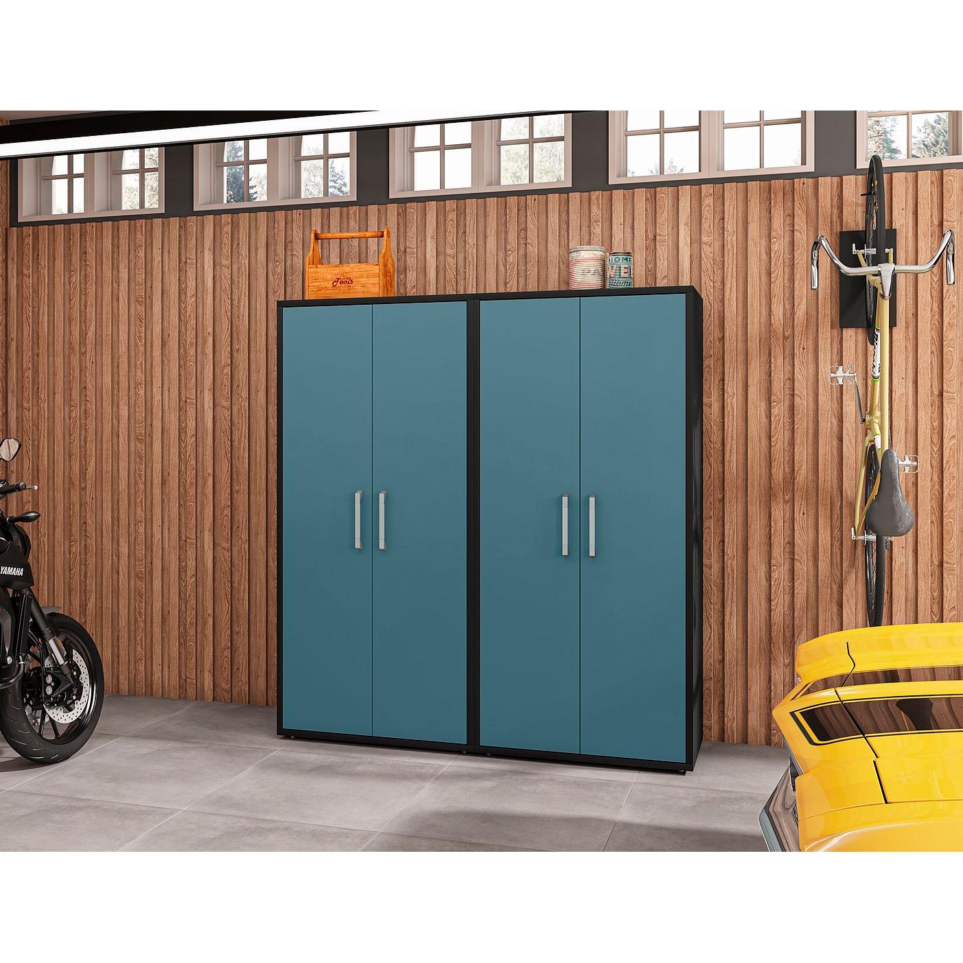 Manhattan Comfort Eiffel 2-Piece Storage Cabinet In Matte Black & Aqua Blue