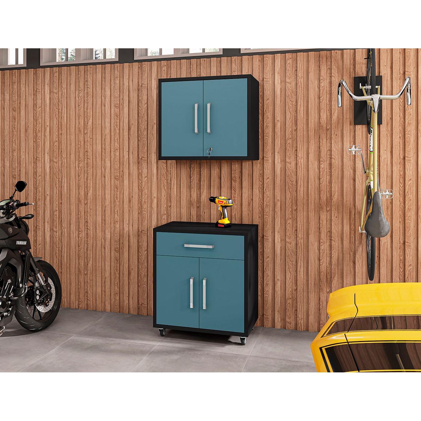 Manhattan Comfort Eiffel 2-Piece Storage Set In Matte Black & Aqua Blue