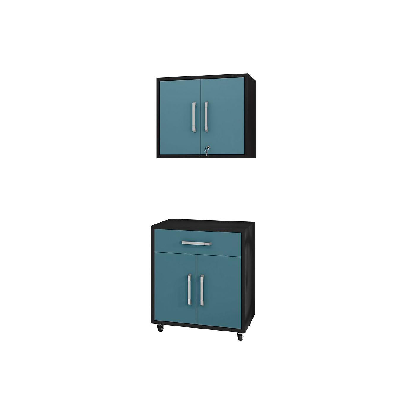 Manhattan Comfort Eiffel 2-Piece Storage Set In Matte Black & Aqua Blue