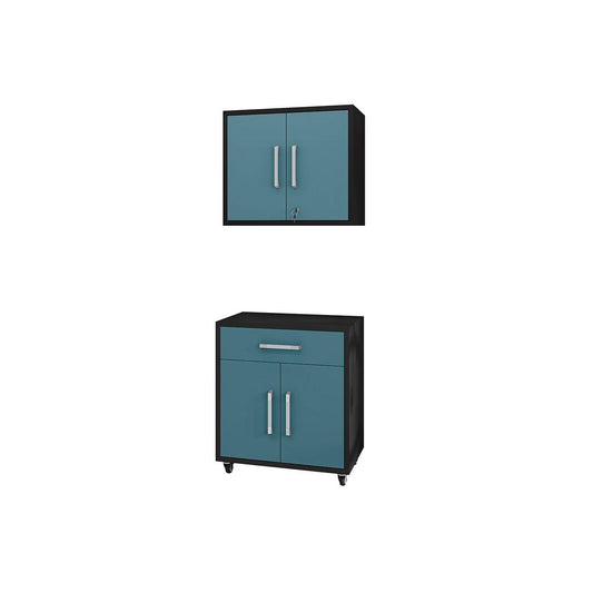 Manhattan Comfort Eiffel 2-Piece Storage Set In Matte Black & Aqua Blue