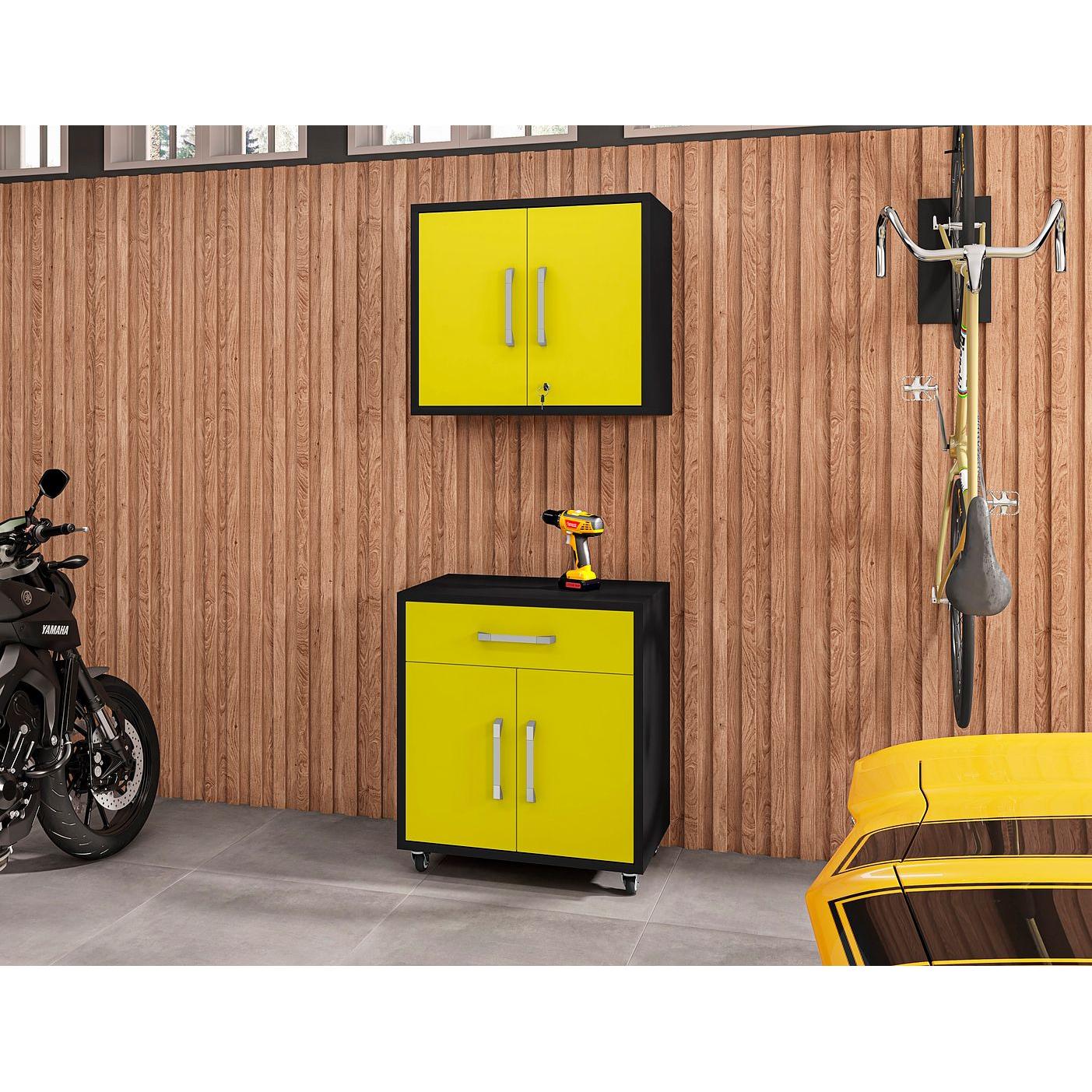 Manhattan Comfort Eiffel 2-Piece Storage Set In Matte Black & Yellow